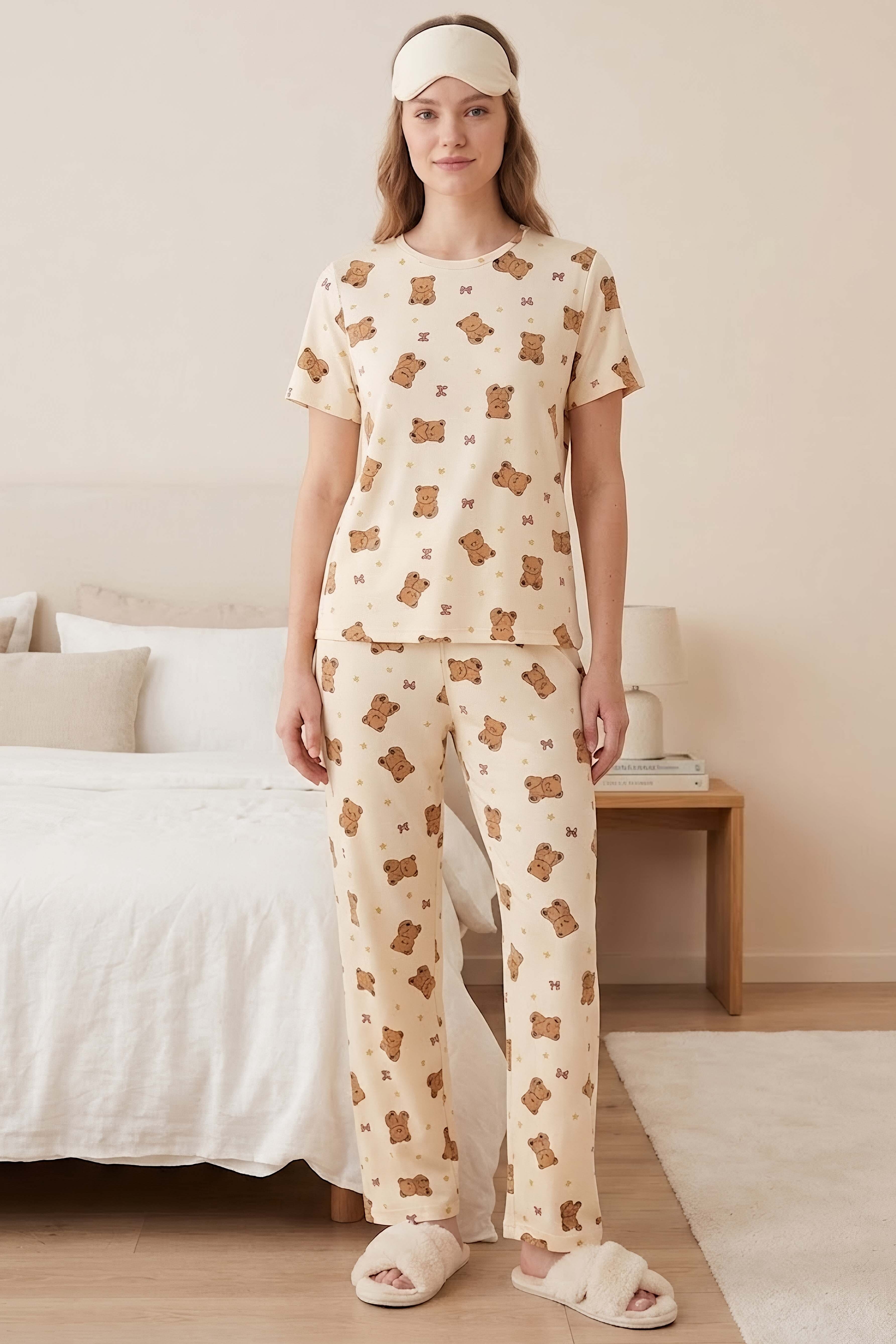 Baskılı Fiyonklu Pijama Takım Bej - 28746-BEJ - 1