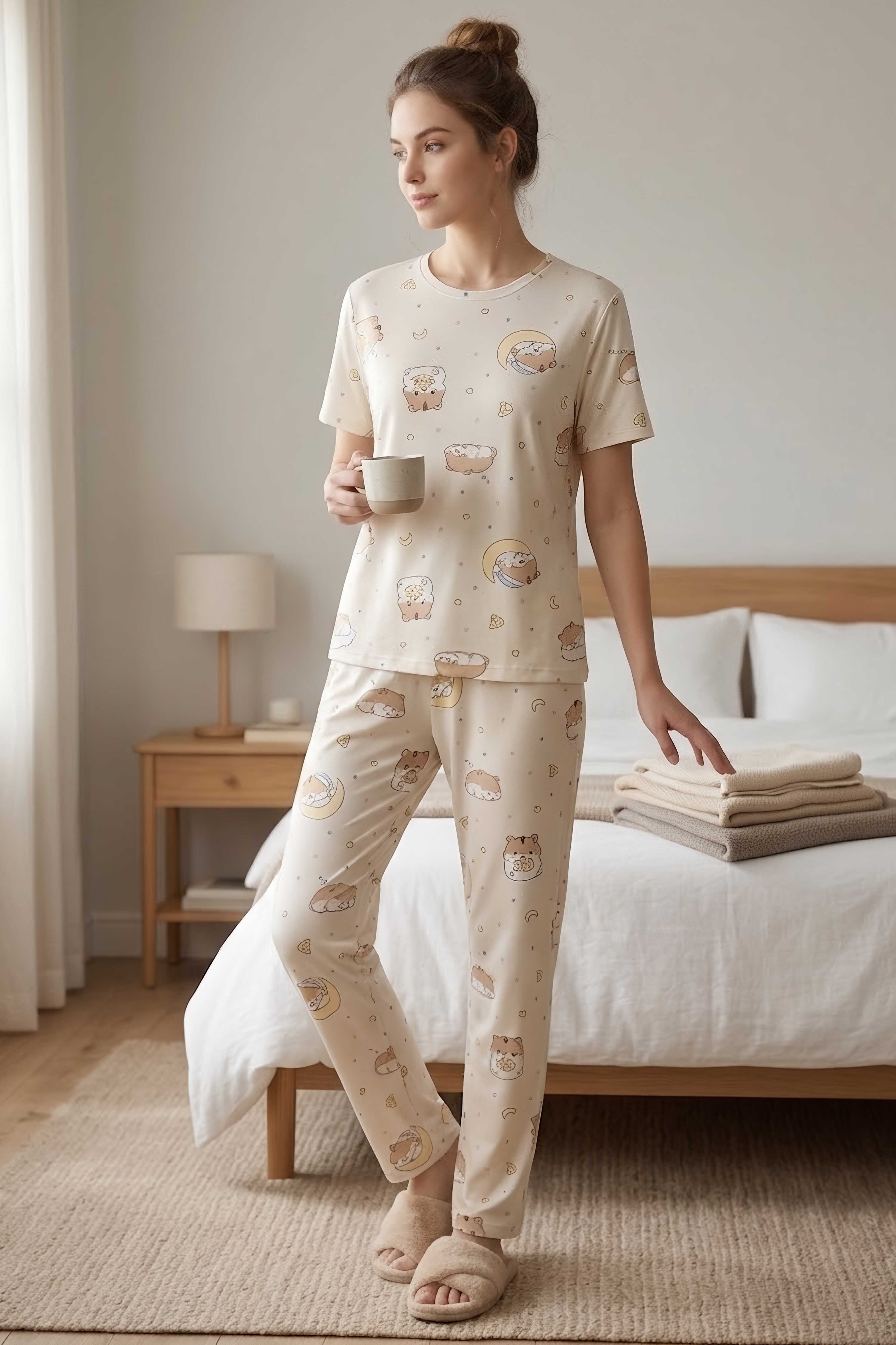 Baskılı Fiyonklu Pijama Takım Krem - 28746-KREM - 1