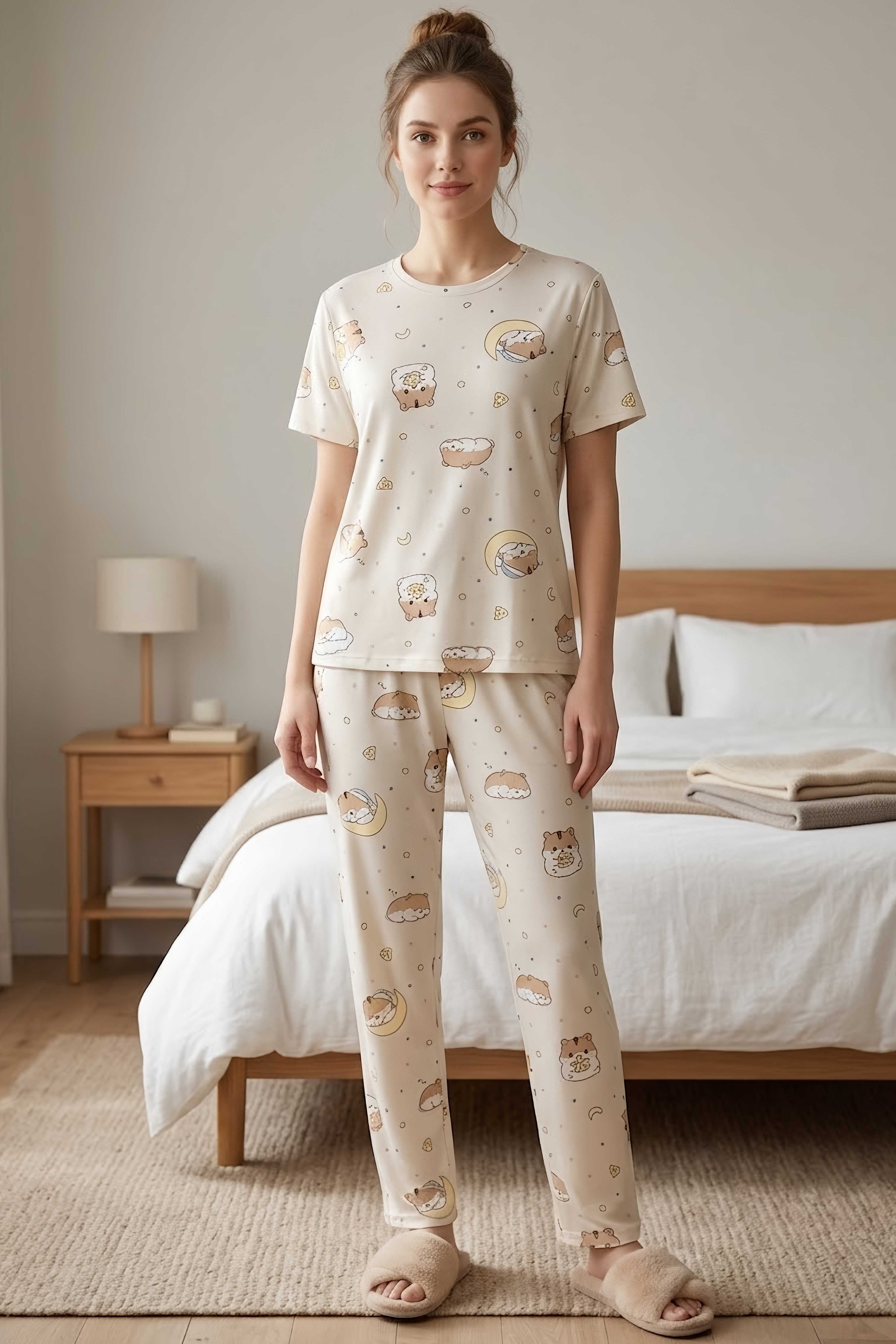 Baskılı Fiyonklu Pijama Takım Krem - 28746-KREM - 2