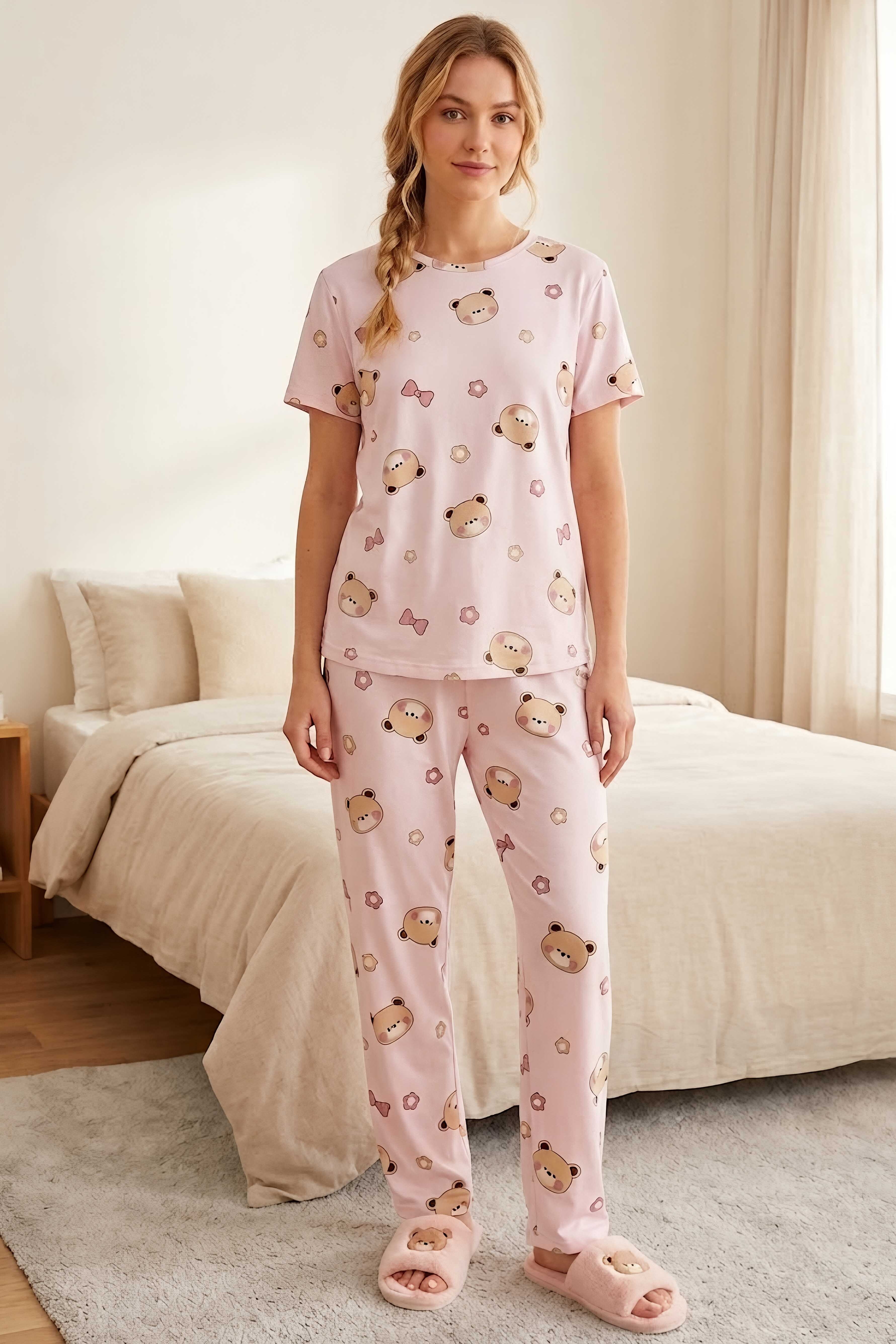 Baskılı Fiyonklu Pijama Takım Pudra - 28746-PUDRA - 2