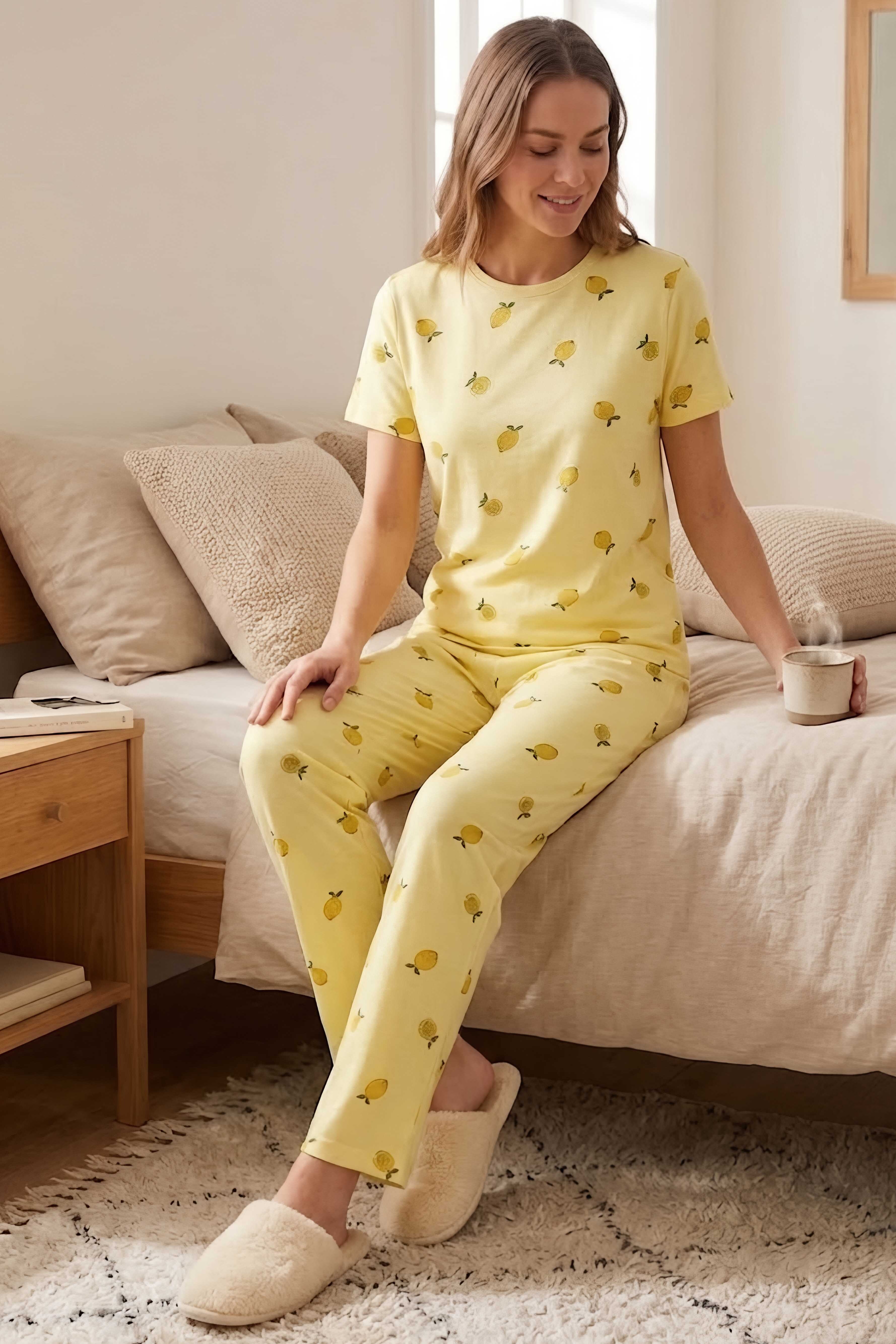 Baskılı Fiyonklu Pijama Takım Sari - 28746-SARI - 1