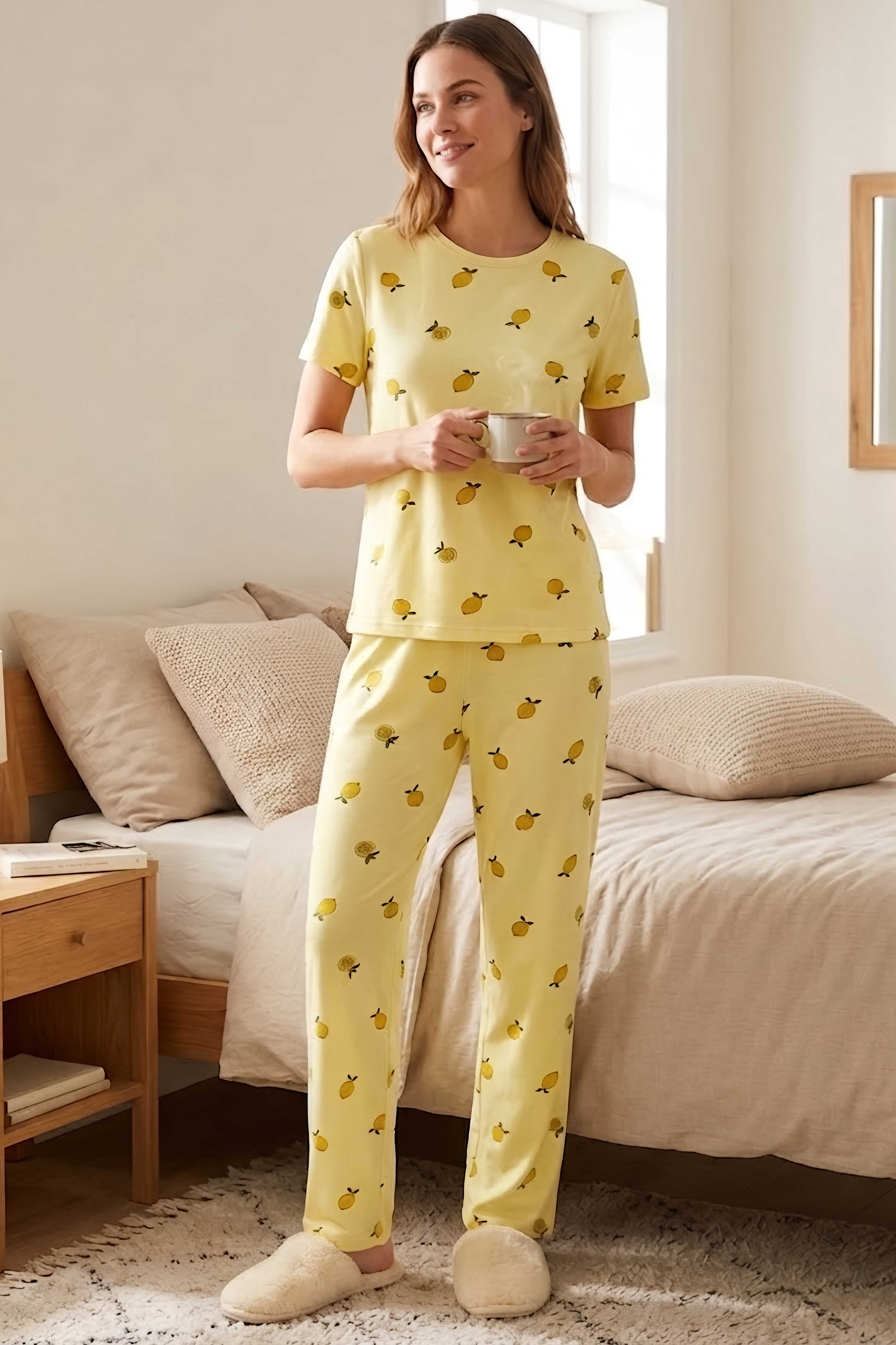 Baskılı Fiyonklu Pijama Takım Sari - 28746-SARI - 2