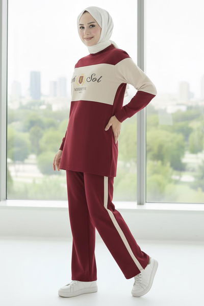 Baskılı Garnili İki İplik Takım - 2047-BORDO 