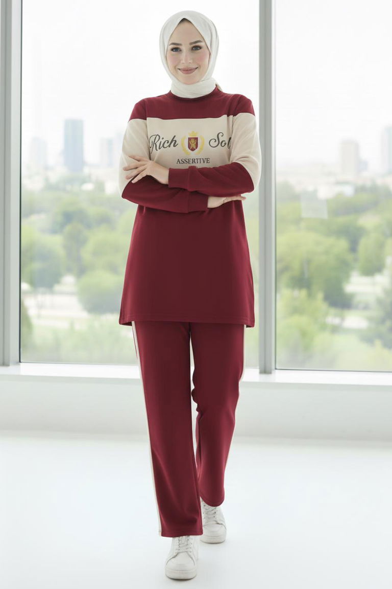 Baskılı Garnili İki İplik Takım - 2047-BORDO - TOFİSA