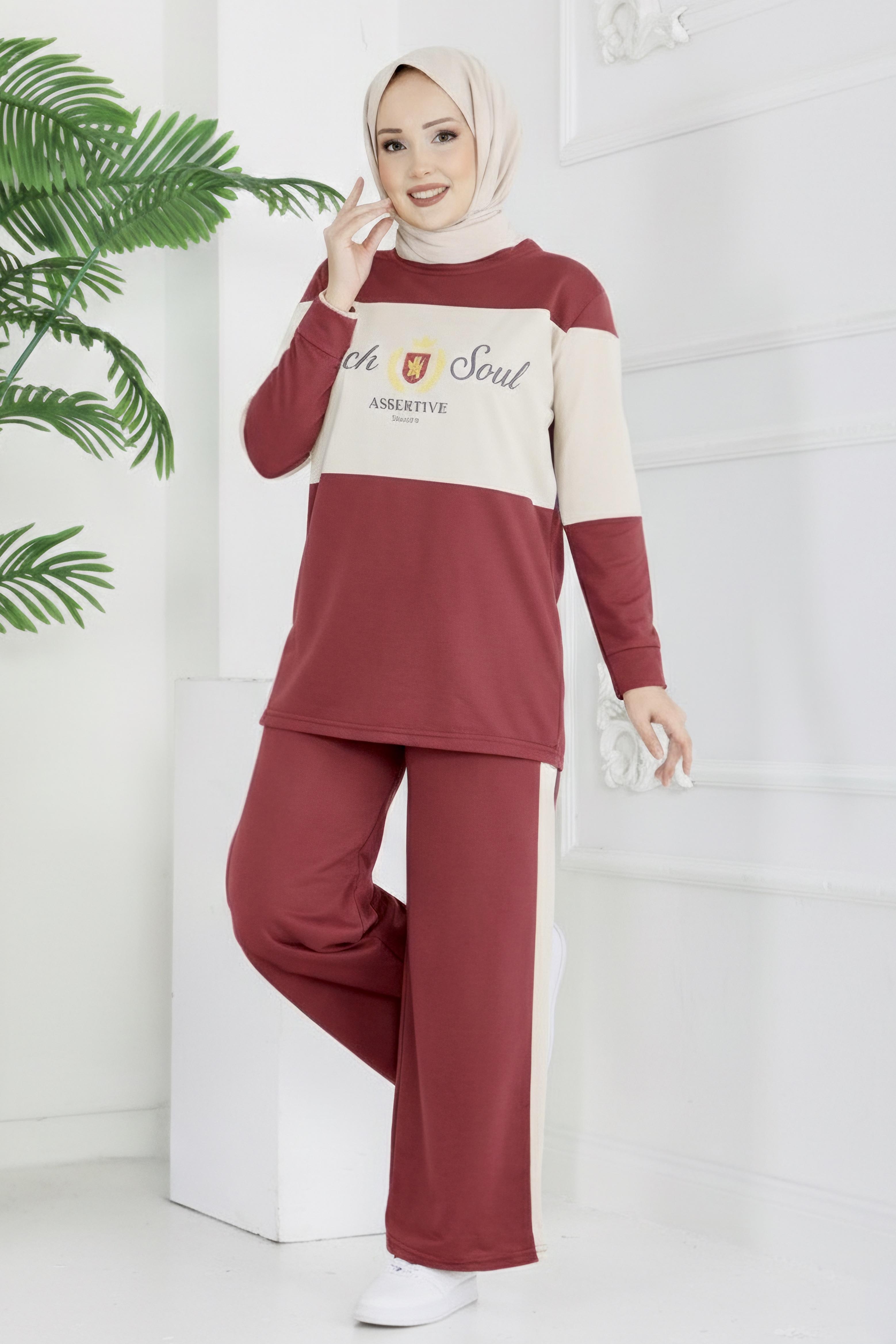 Baskılı Garnili İki İplik Takım - 2047-BORDO - 2