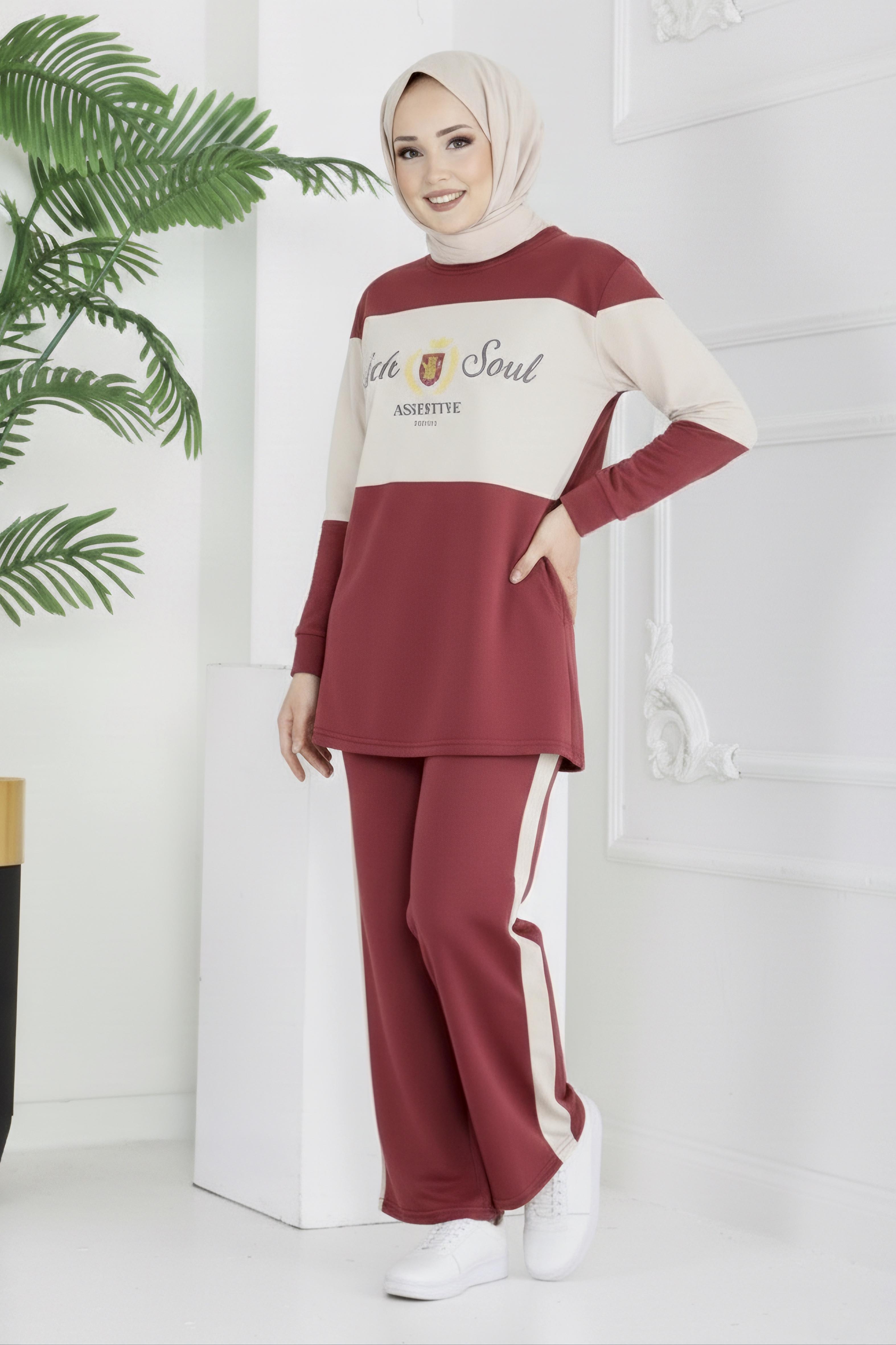 Baskılı Garnili İki İplik Takım - 2047-BORDO - 1