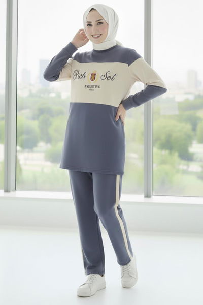 Baskılı Garnili İki İplik Takım - 2047-FUME 