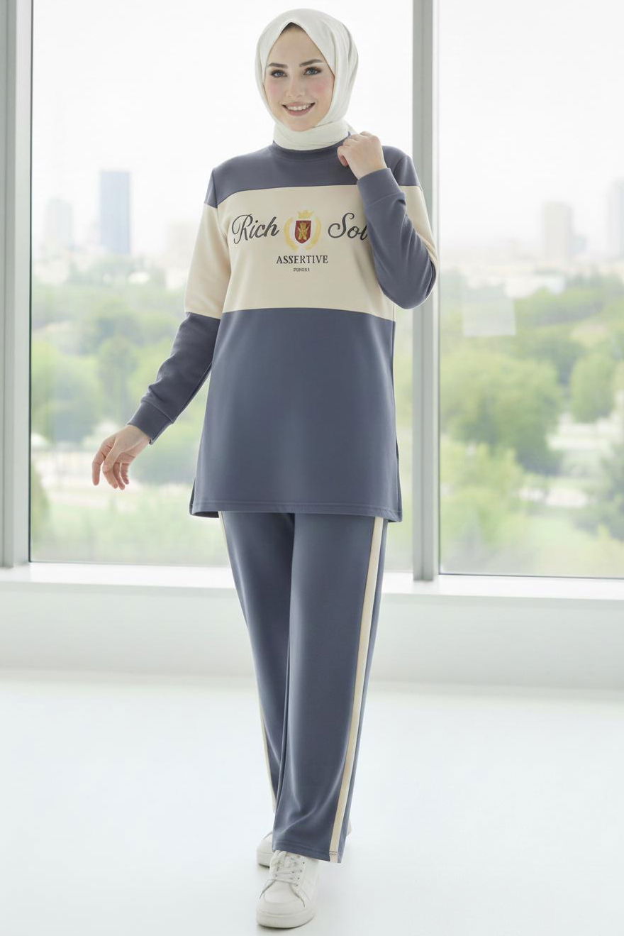 Baskılı Garnili İki İplik Takım - 2047-FUME - 2