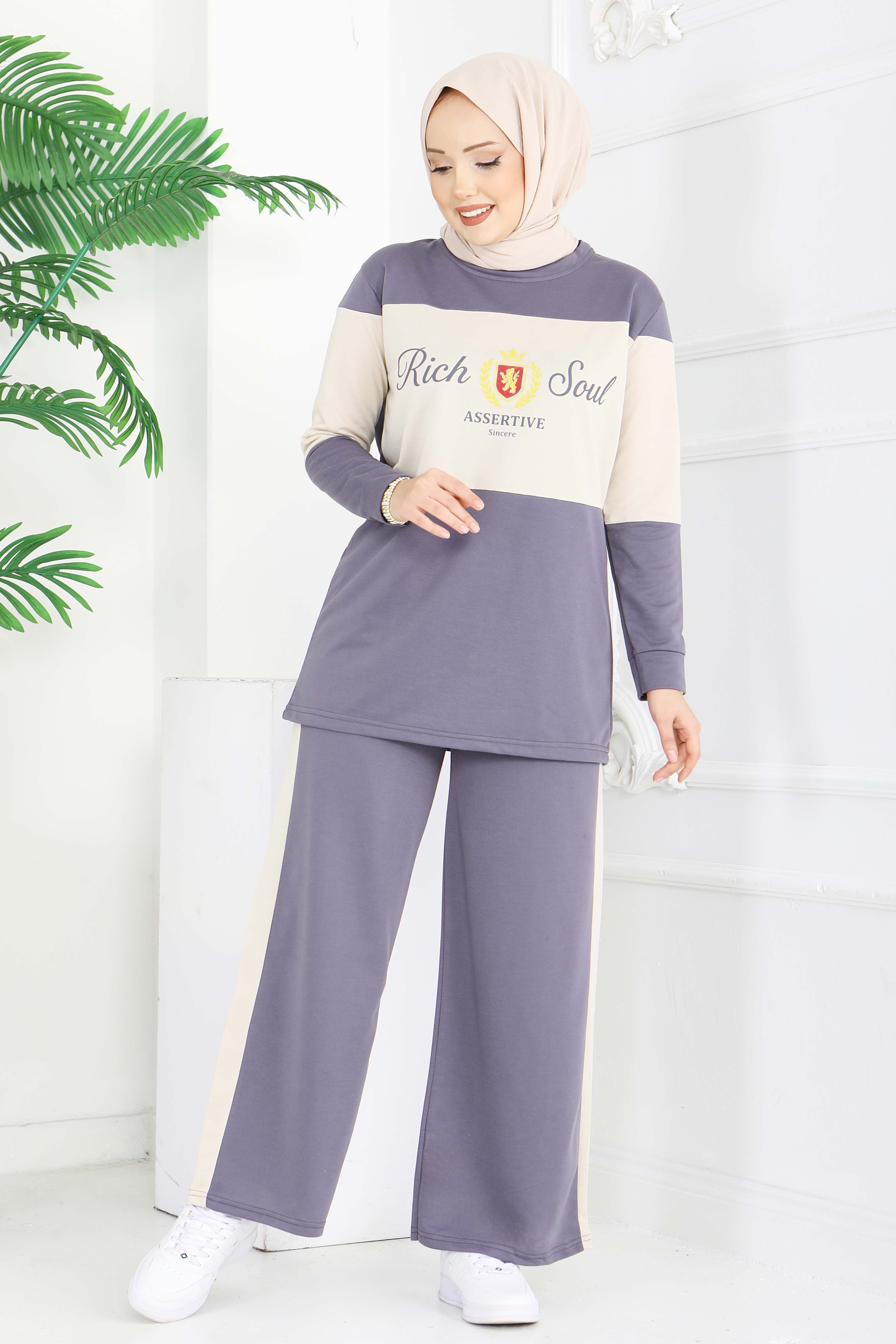 Baskılı Garnili İki İplik Takım - 2047-FUME - 3