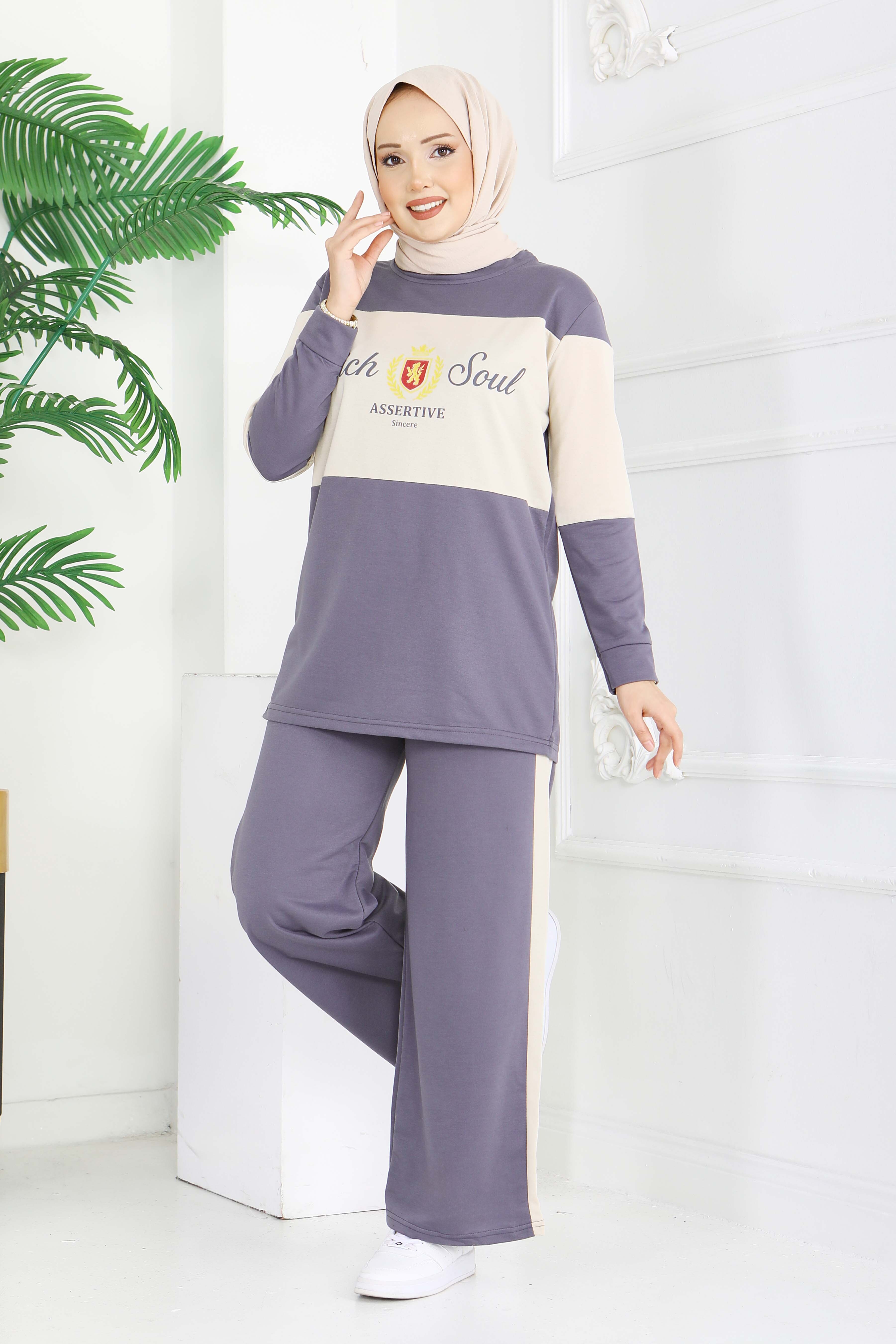 Baskılı Garnili İki İplik Takım - 2047-FUME - 1