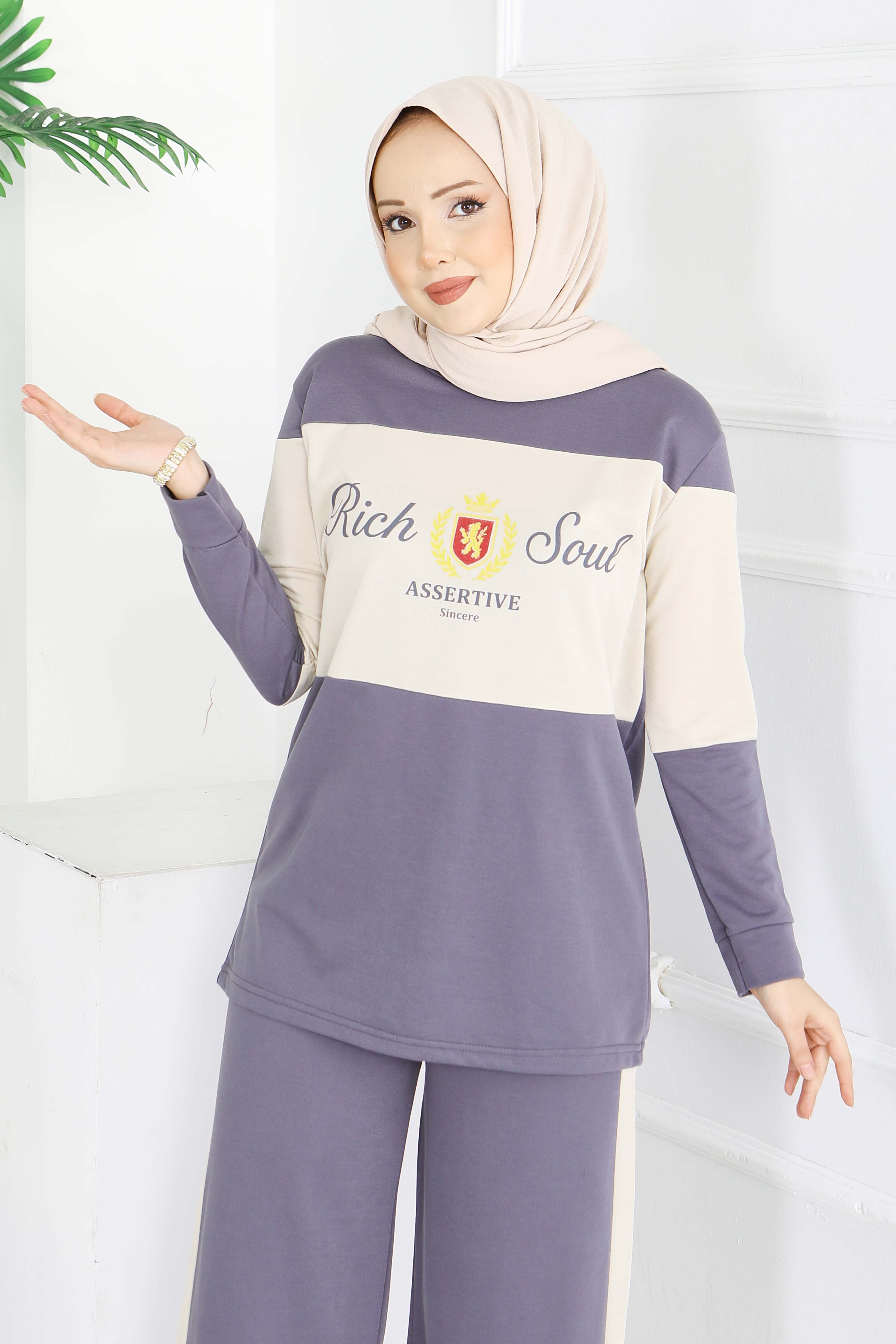 Baskılı Garnili İki İplik Takım - 2047-FUME - 2