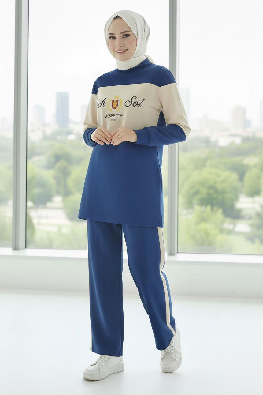 Baskılı Garnili İki İplik Takım - 2047-INDIGO - 1