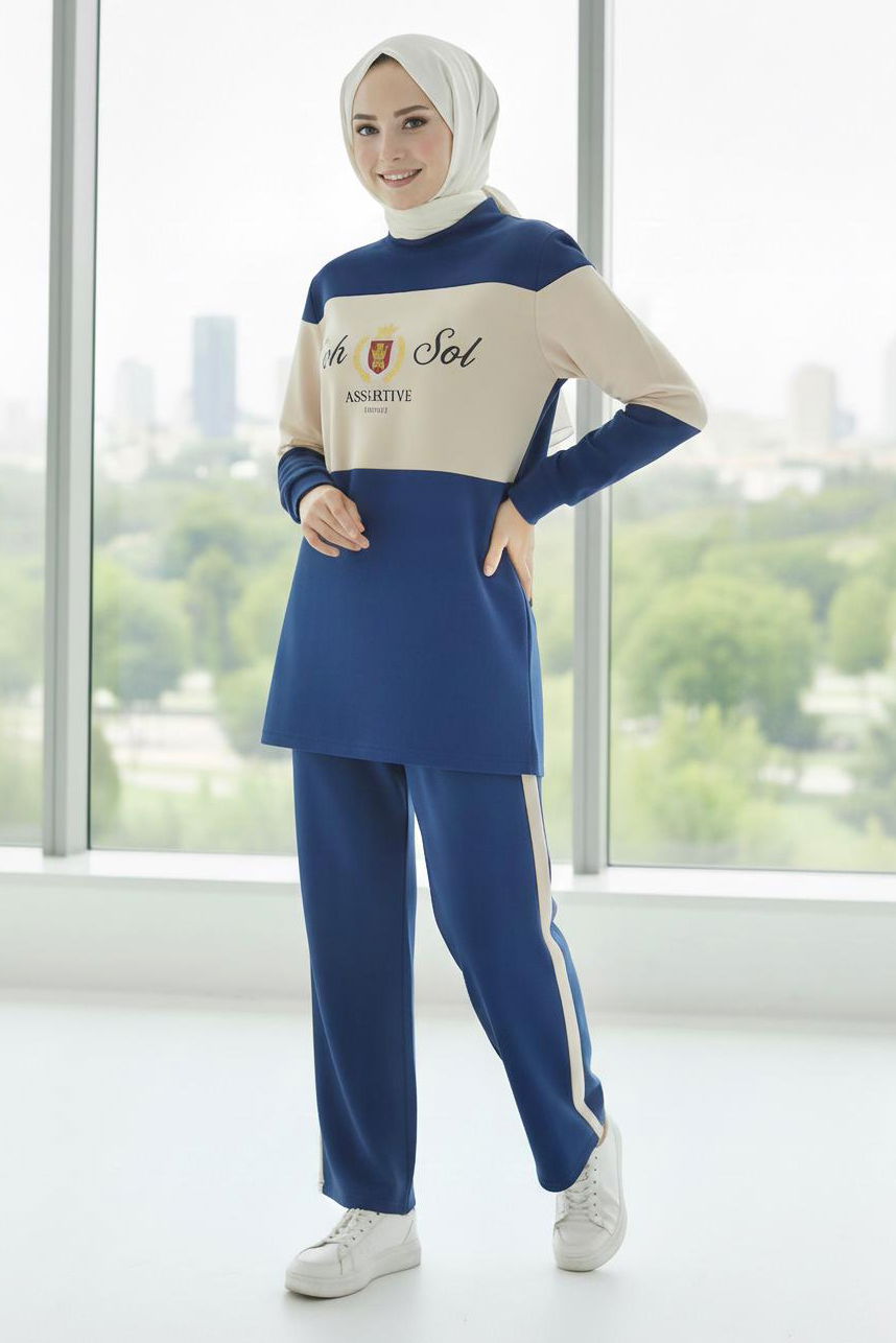 Baskılı Garnili İki İplik Takım - 2047-INDIGO - 2