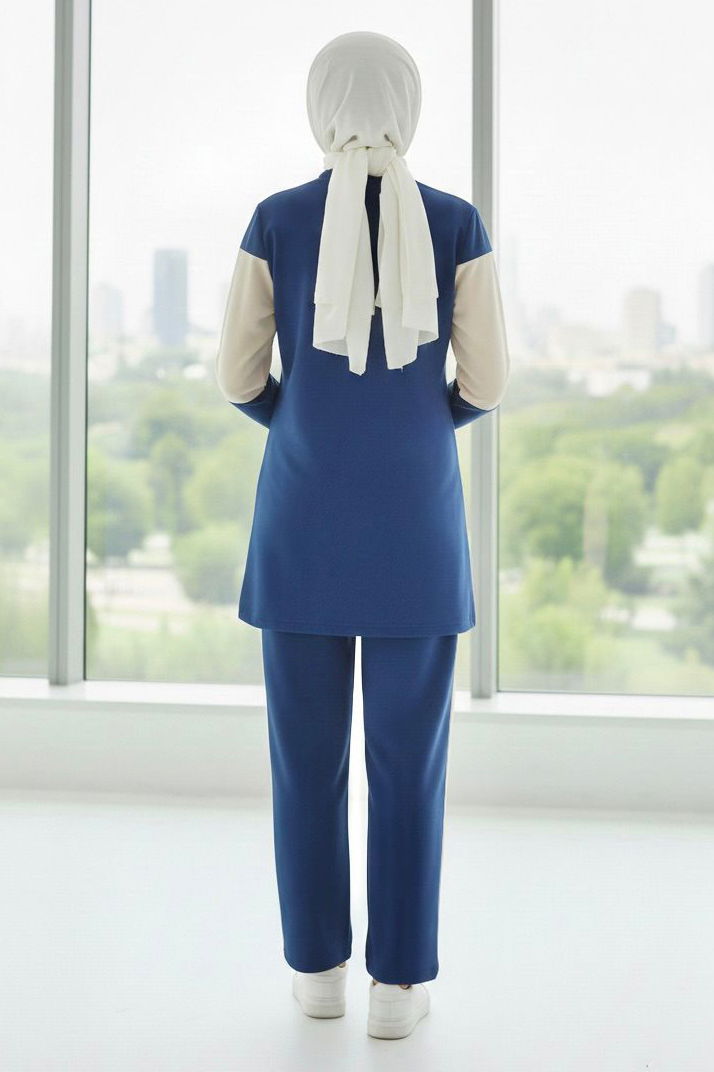 Baskılı Garnili İki İplik Takım - 2047-INDIGO - TOFİSA