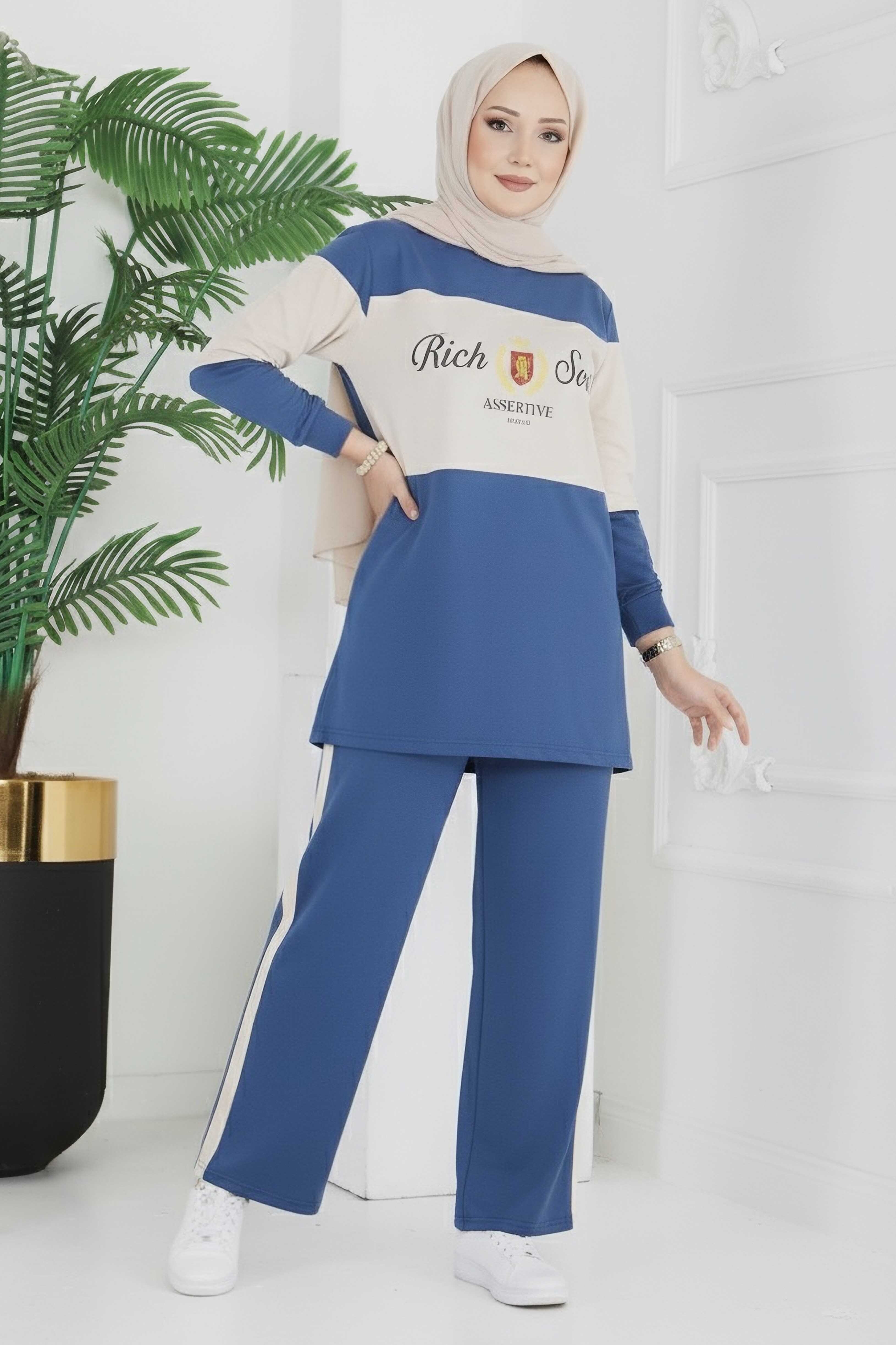 Baskılı Garnili İki İplik Takım - 2047-INDIGO - 1