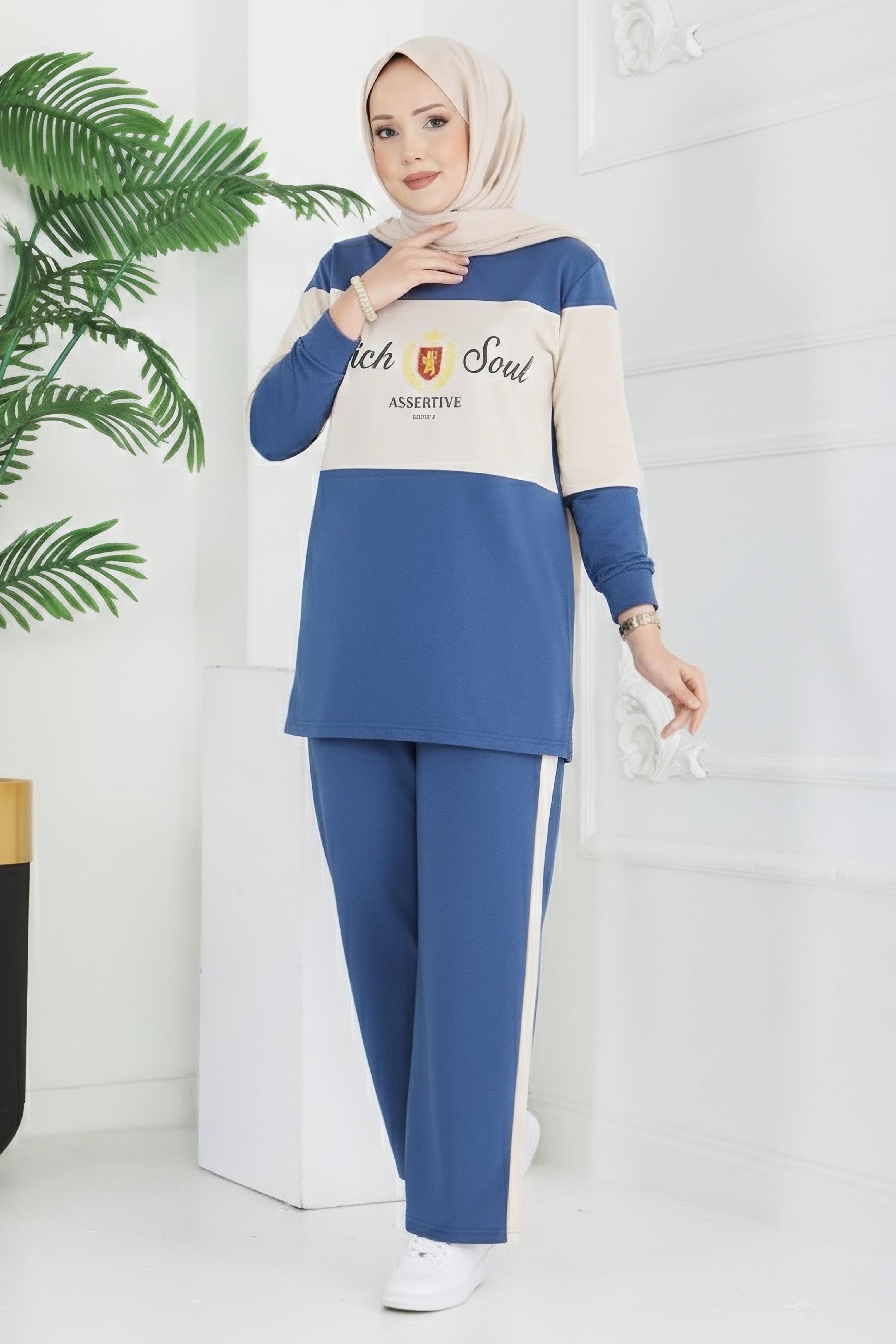 Baskılı Garnili İki İplik Takım - 2047-INDIGO - 2