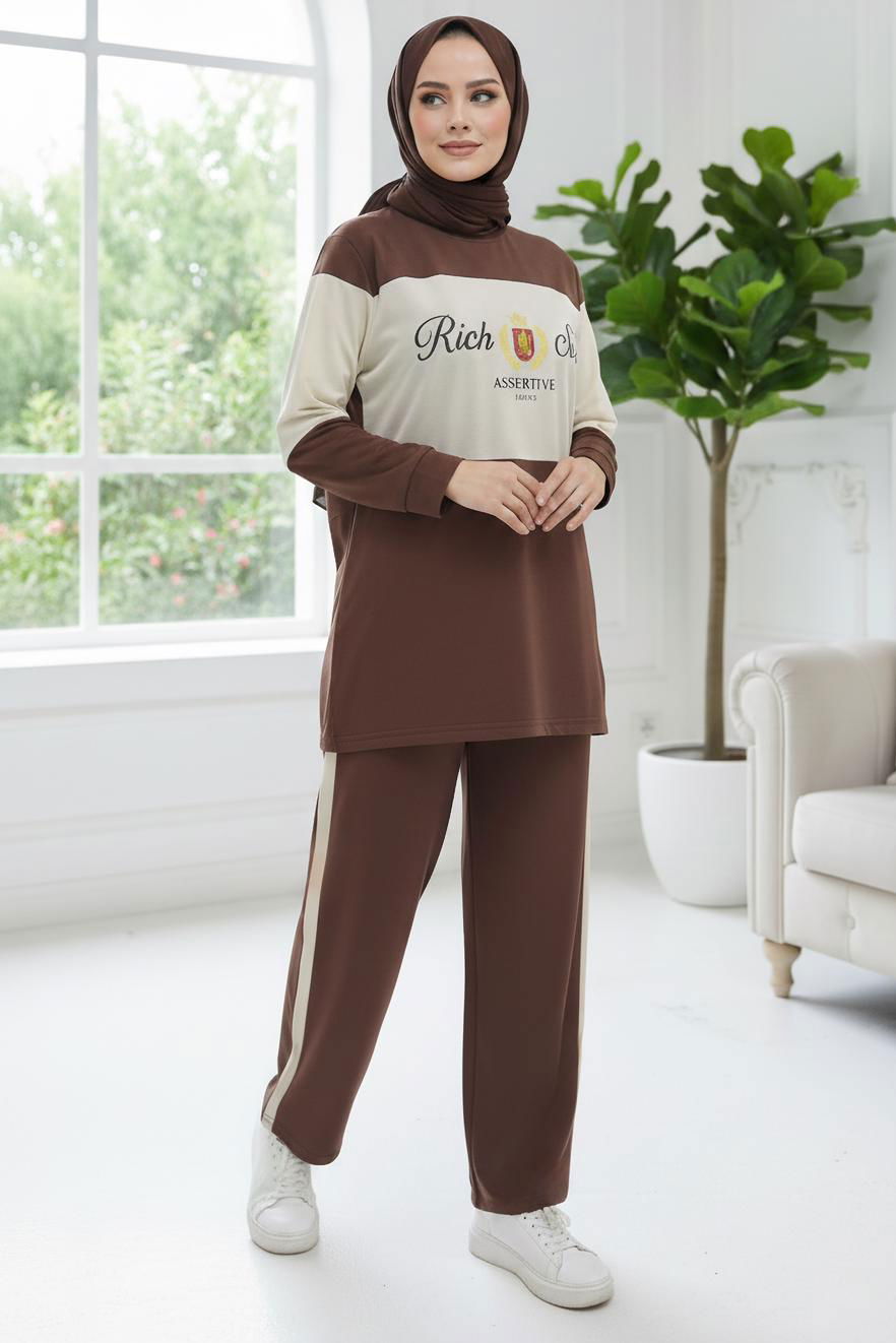 Baskılı Garnili İki İplik Takım - 2047-KAHVE - 1