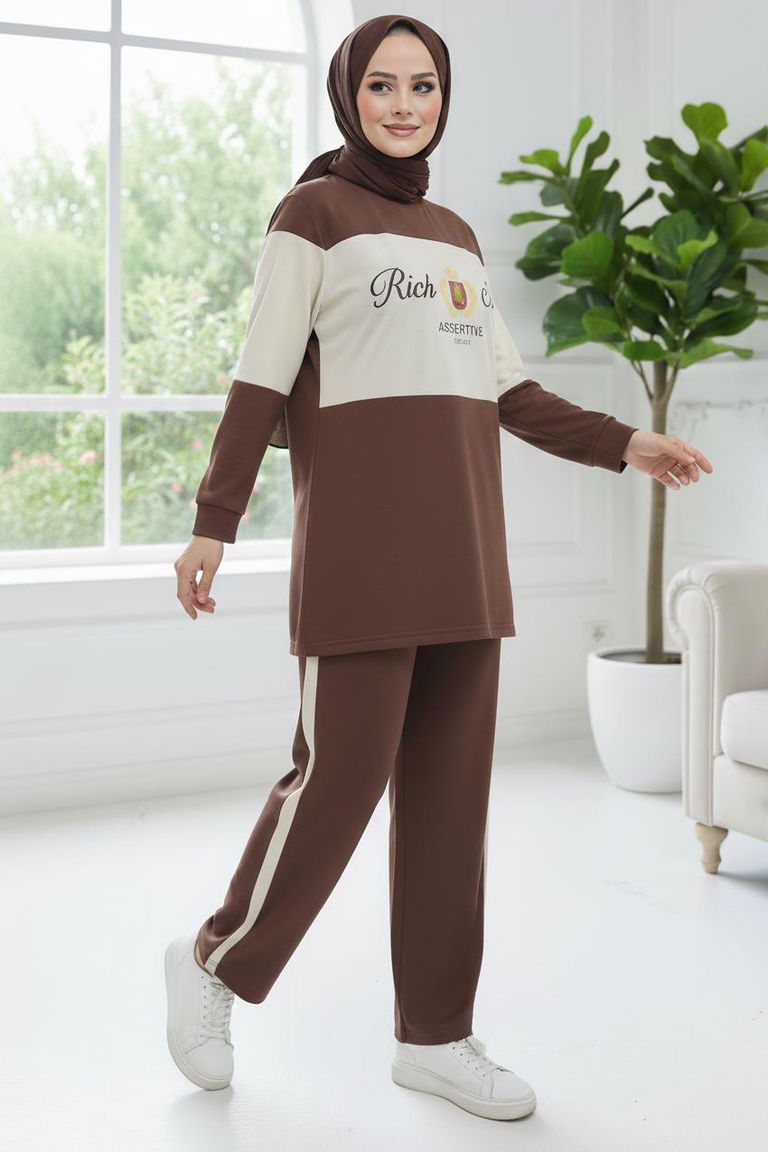 Baskılı Garnili İki İplik Takım - 2047-KAHVE - TOFİSA