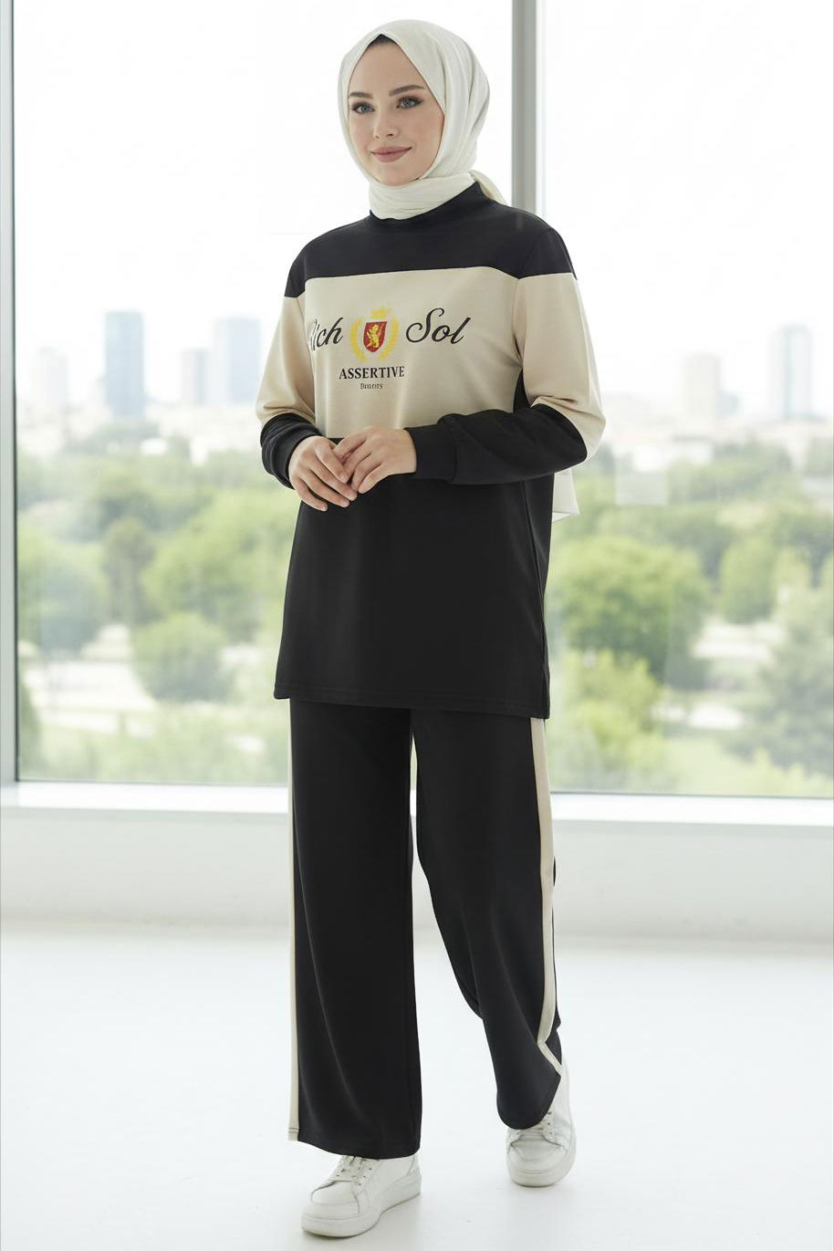 Baskılı Garnili İki İplik Takım - 2047-SIYAH - 2