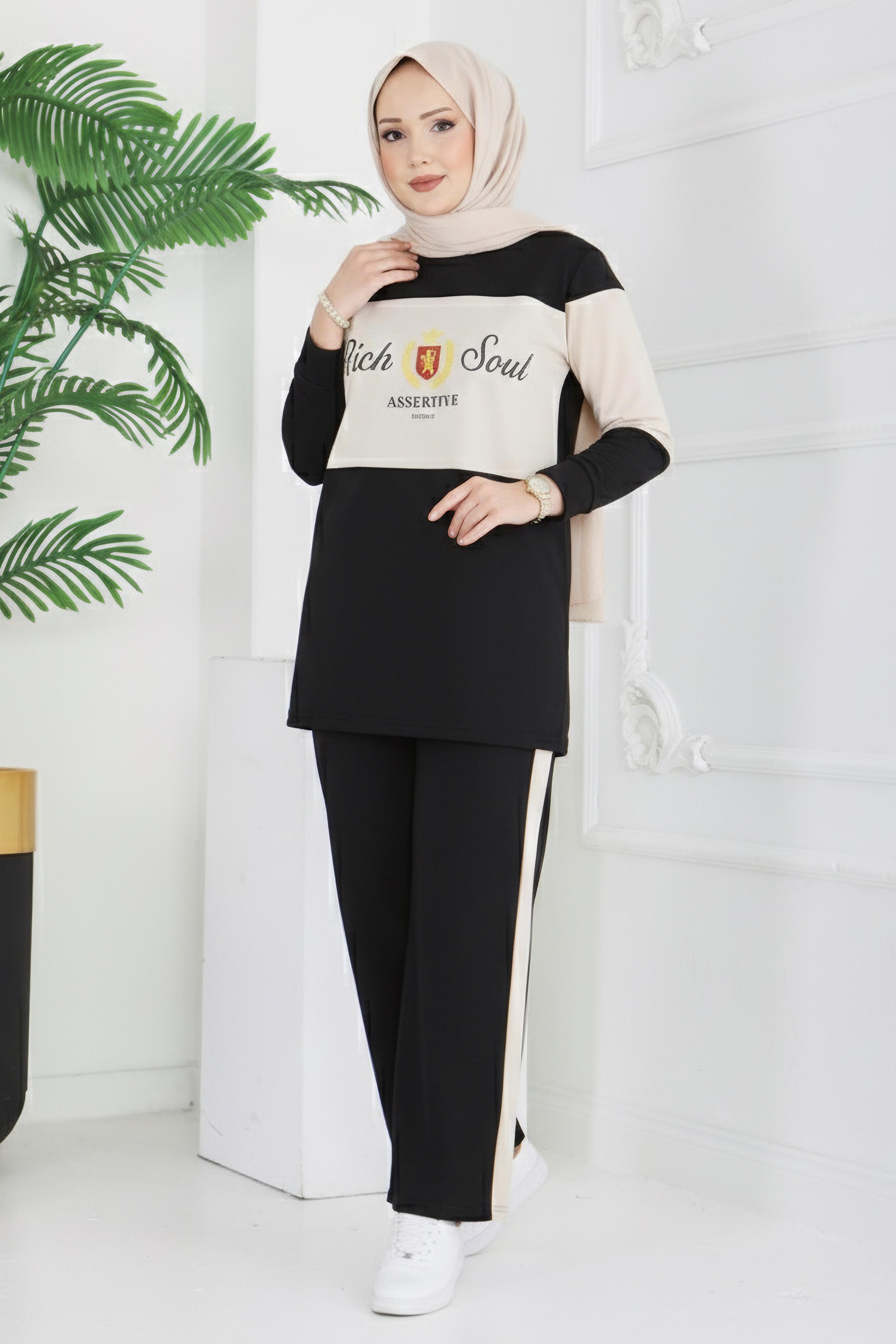 Baskılı Garnili İki İplik Takım - 2047-SIYAH - 2