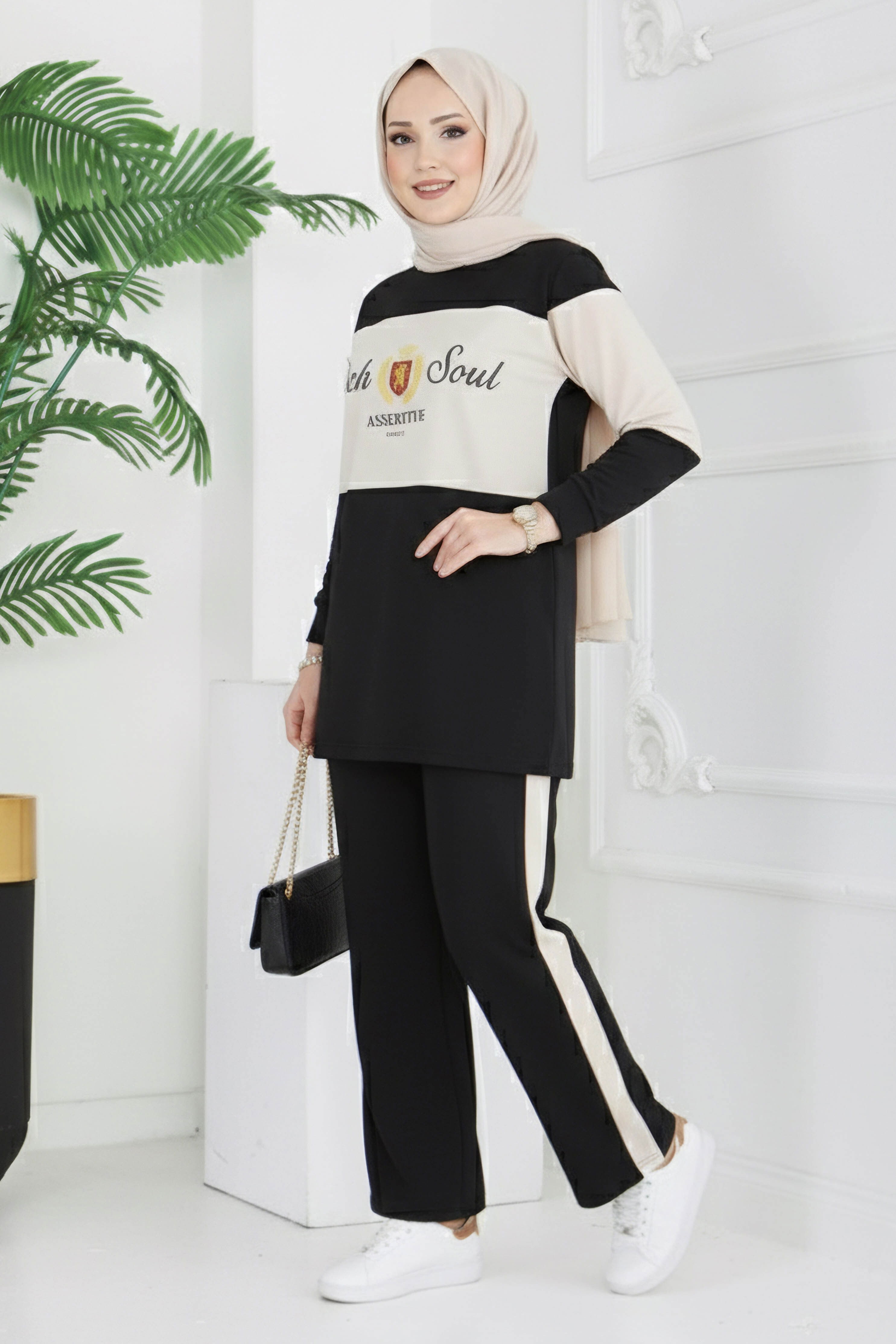 Baskılı Garnili İki İplik Takım - 2047-SIYAH - 1