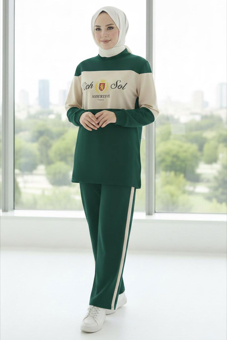 Baskılı Garnili İki İplik Takım - 2047-ZUMRUT - 1