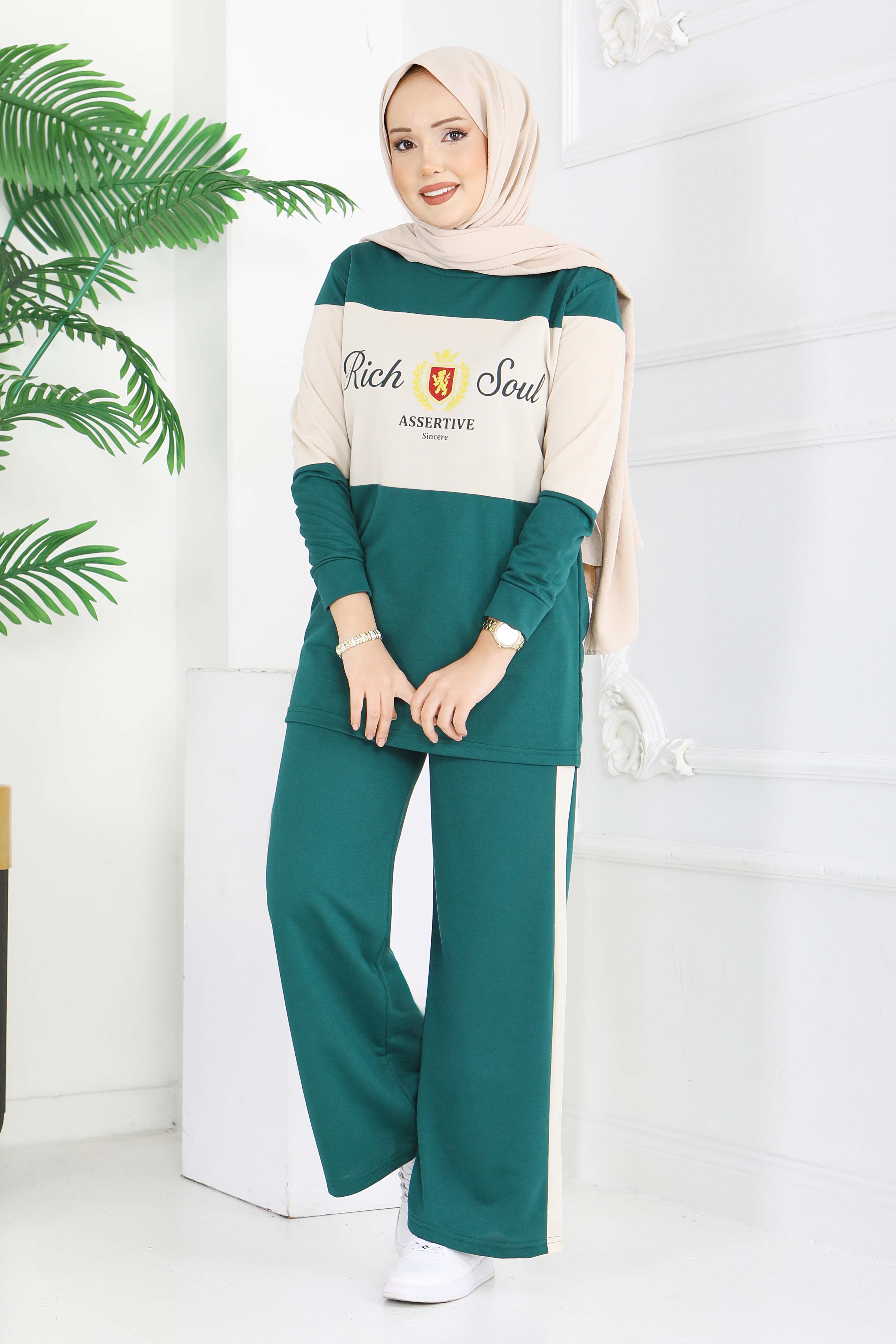 Baskılı Garnili İki İplik Takım - 2047-ZUMRUT - 3