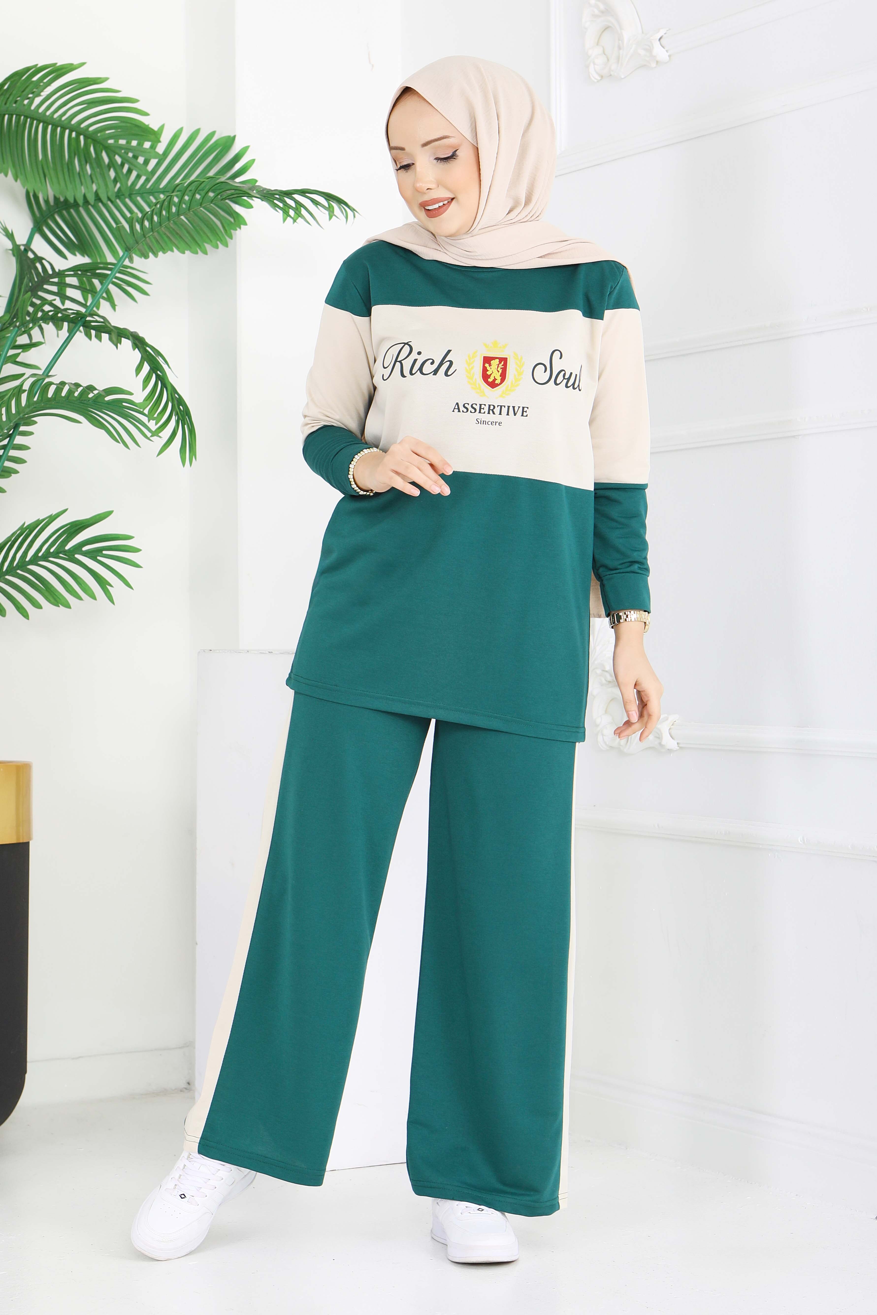 Baskılı Garnili İki İplik Takım - 2047-ZUMRUT - 1