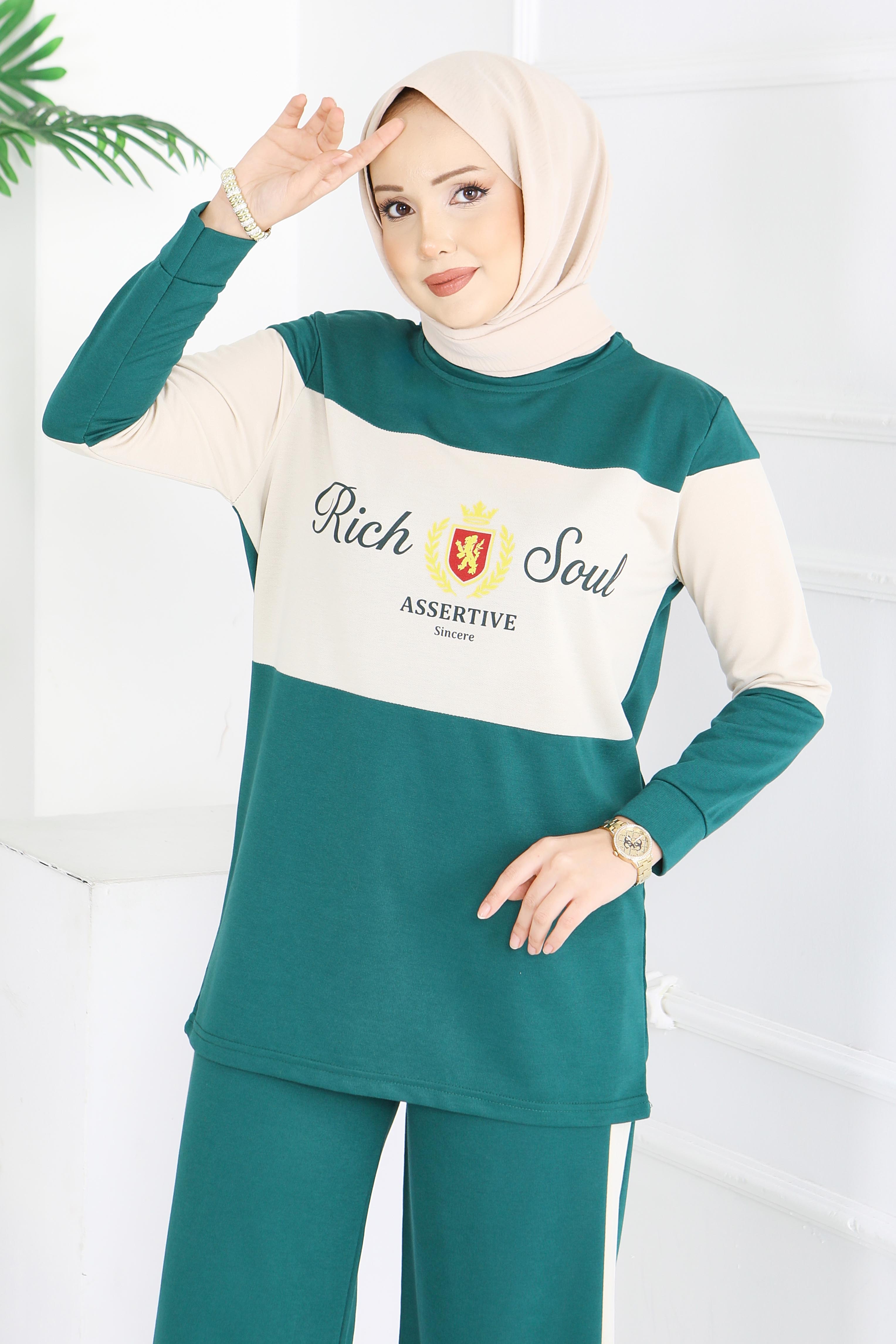 Baskılı Garnili İki İplik Takım - 2047-ZUMRUT - 2