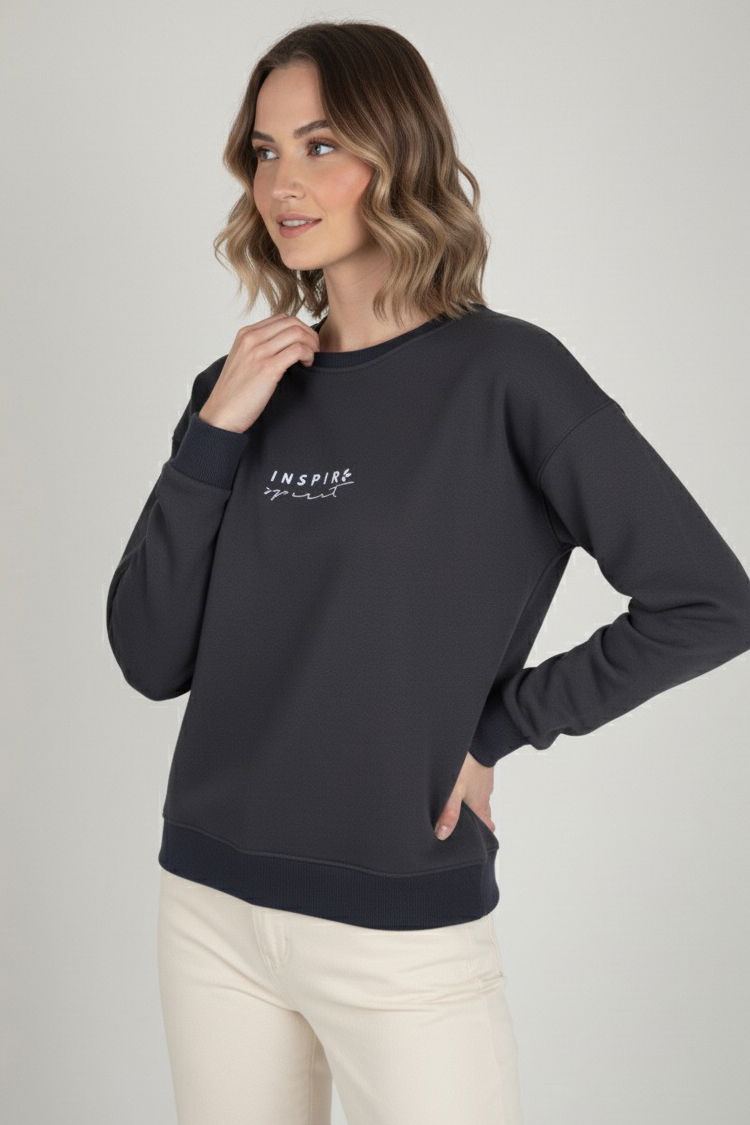Baskılı İki İplik Sweatshirt - 27990-ANTRASIT - 2
