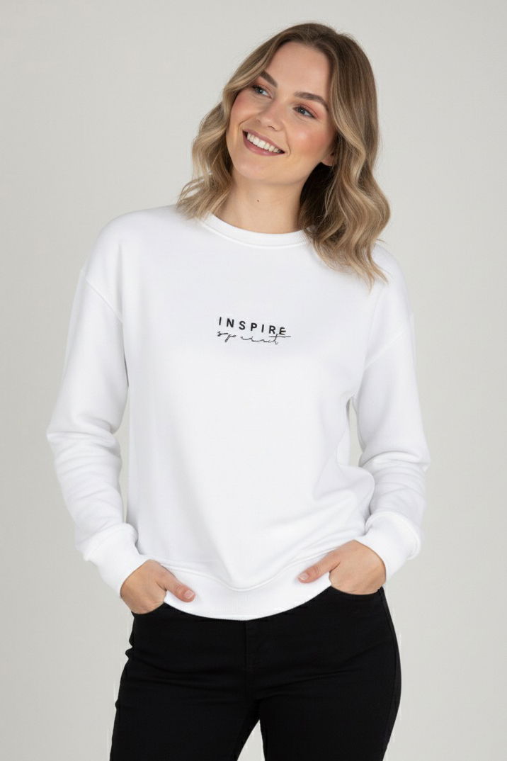 Baskılı İki İplik Sweatshirt - 27990-BEYAZ - 2