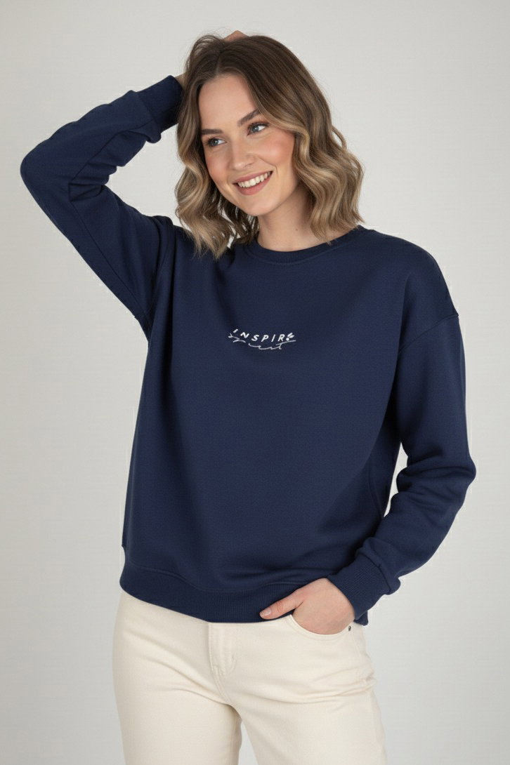 Baskılı İki İplik Sweatshirt - 27990-LACIVERT - 1
