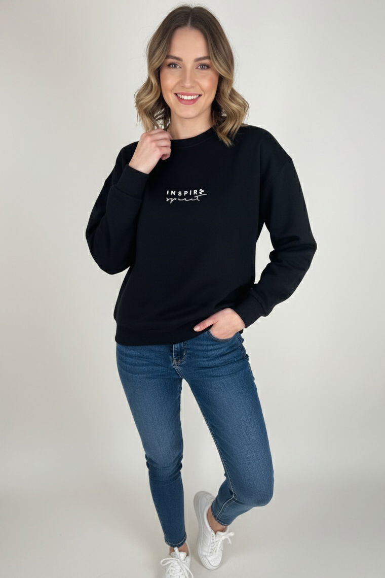 Baskılı İki İplik Sweatshirt - 27990-SIYAH - TOFİSA