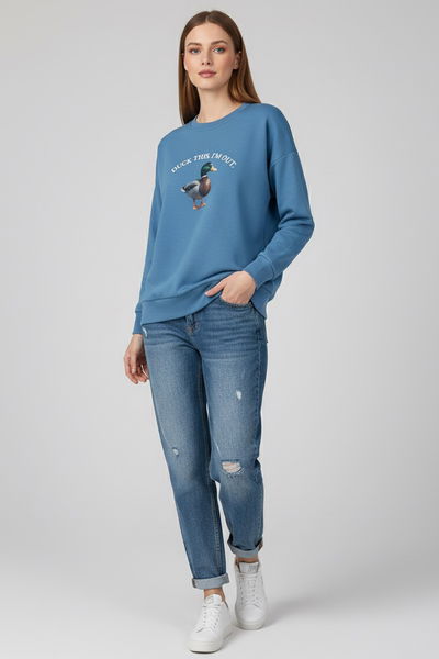 Baskılı İki İplik Sweatshirt - 27991-MAVI 