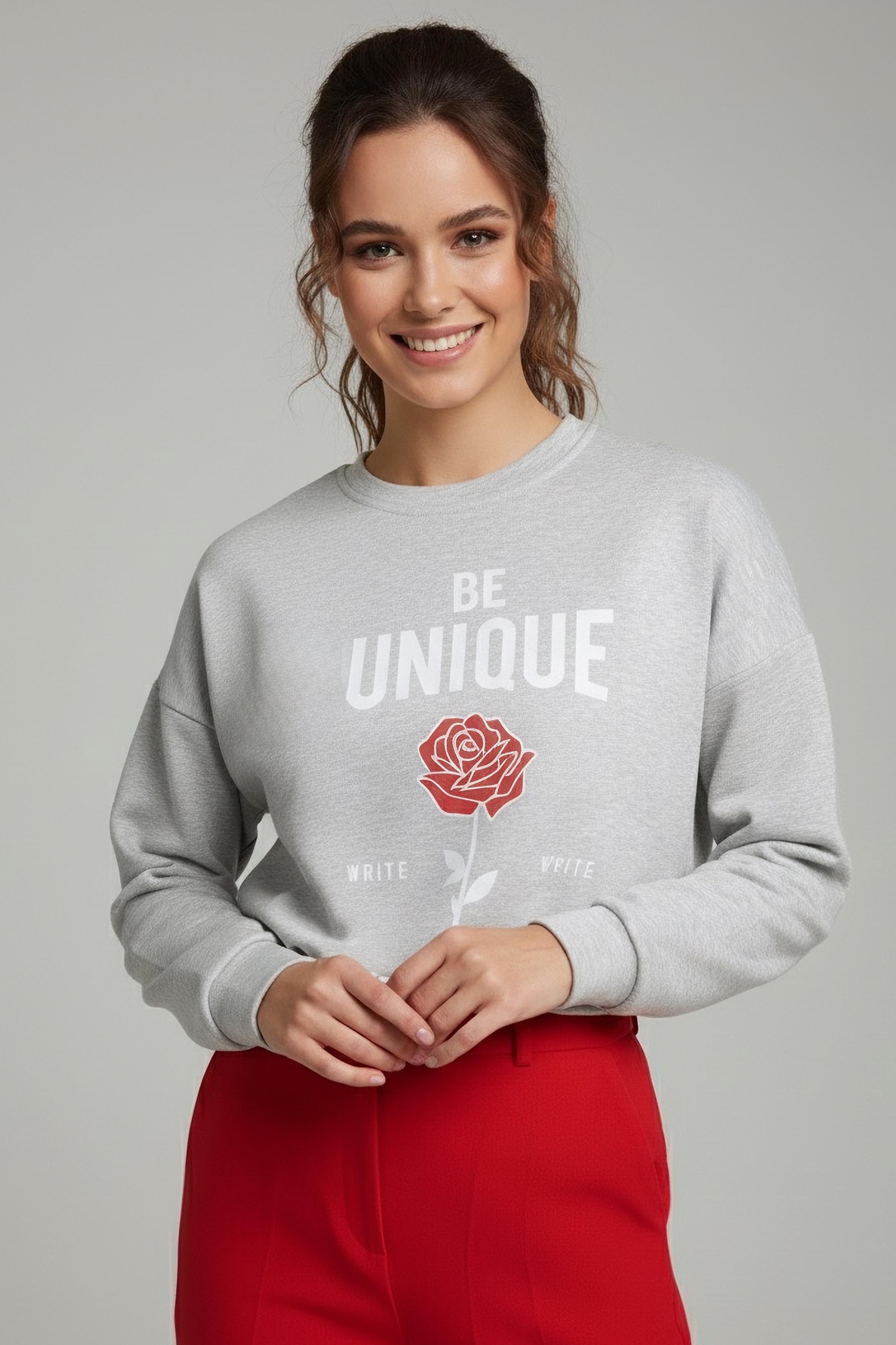 Baskılı İki İplik Sweatshirt - 27992-GRI - 1