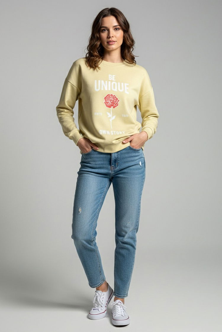 Baskılı İki İplik Sweatshirt - 27992-KREM - TOFİSA