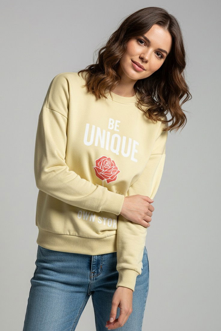 Baskılı İki İplik Sweatshirt - 27992-KREM - TOFİSA