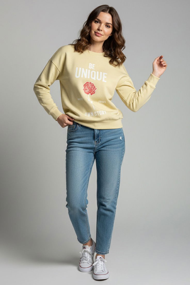 Baskılı İki İplik Sweatshirt - 27992-KREM - TOFİSA