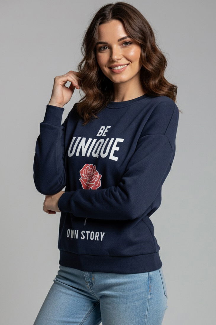 Baskılı İki İplik Sweatshirt - 27992-LACIVERT - 1