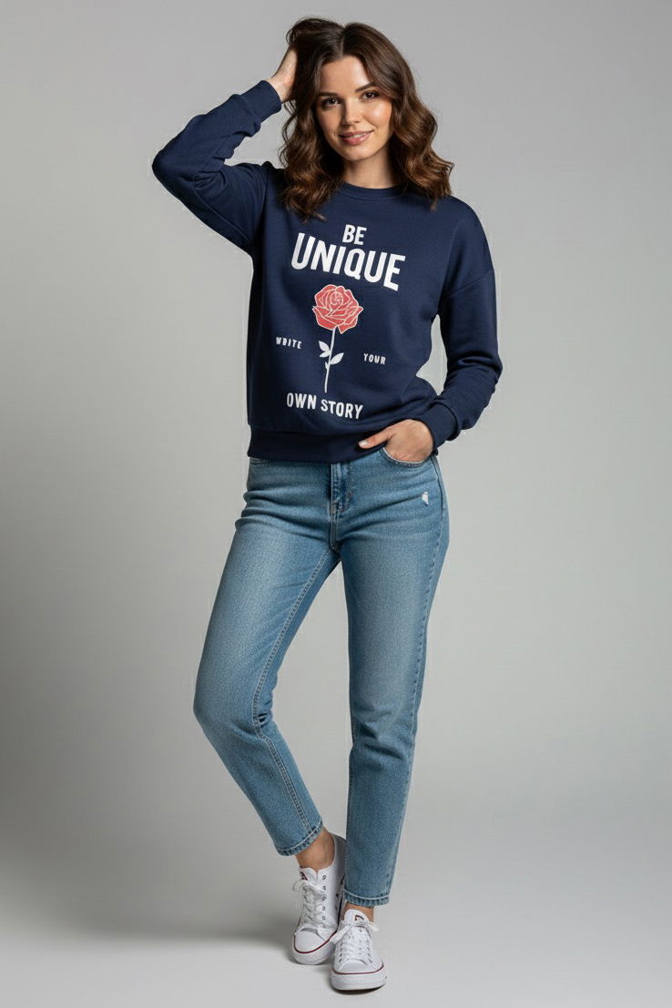 Baskılı İki İplik Sweatshirt - 27992-LACIVERT - 2