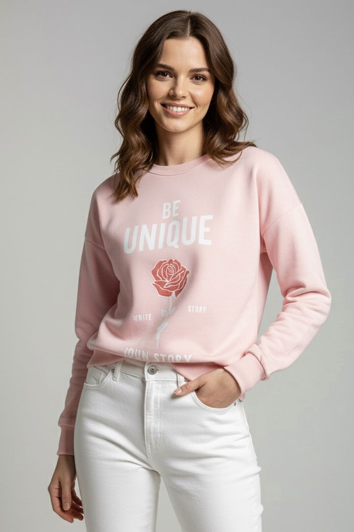 Baskılı İki İplik Sweatshirt - 27992-PEMBE - 1