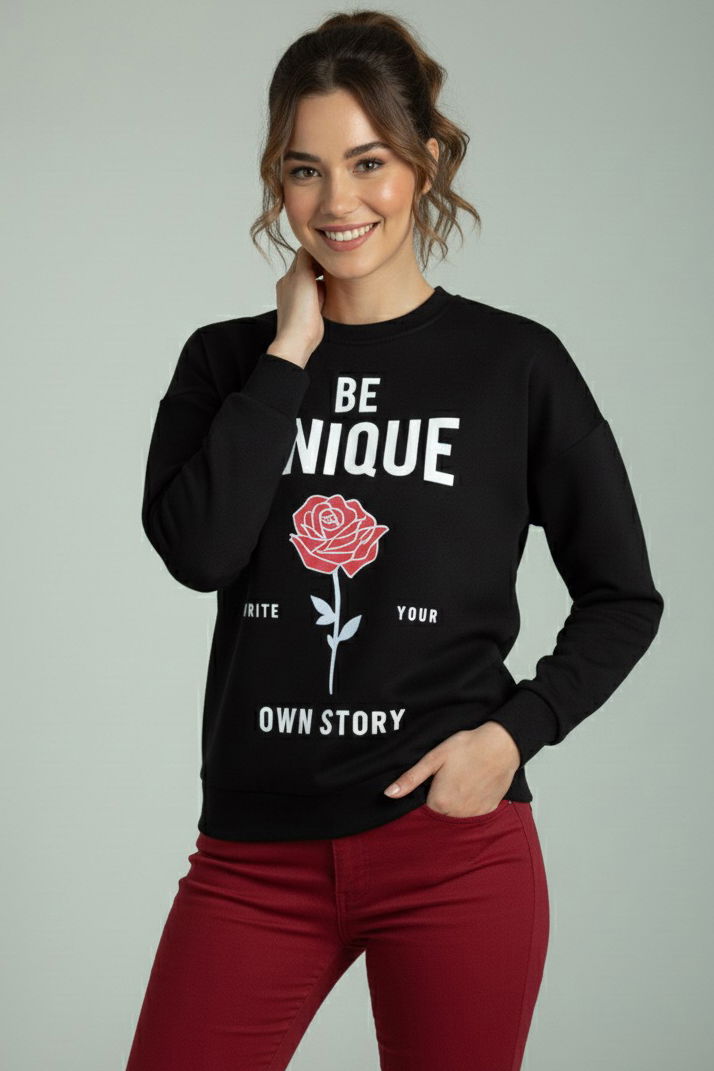 Baskılı İki İplik Sweatshirt - 27992-SIYAH - 1