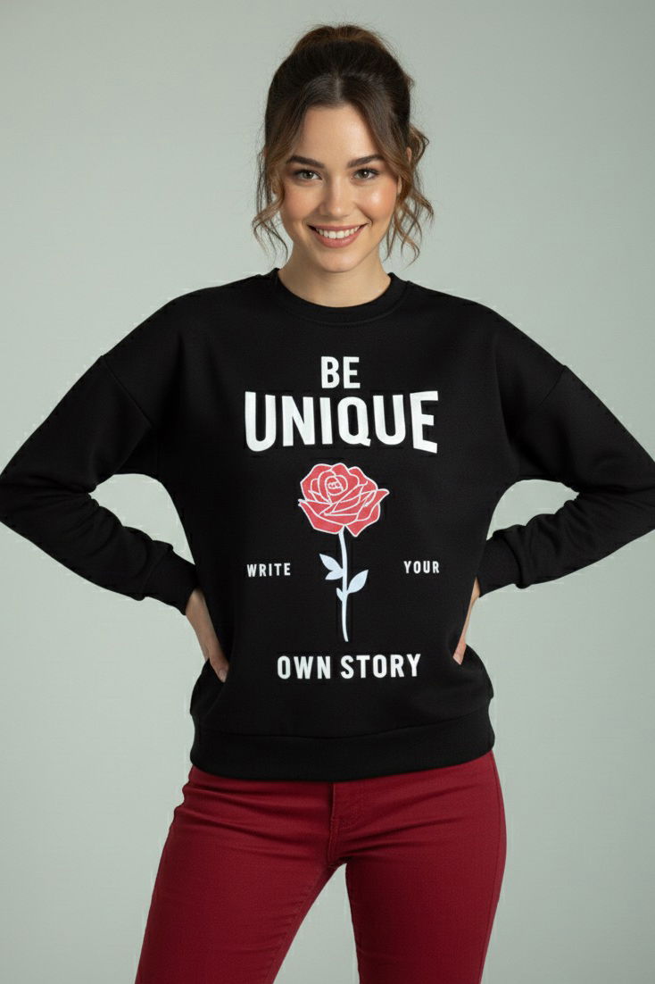 Baskılı İki İplik Sweatshirt - 27992-SIYAH - 2