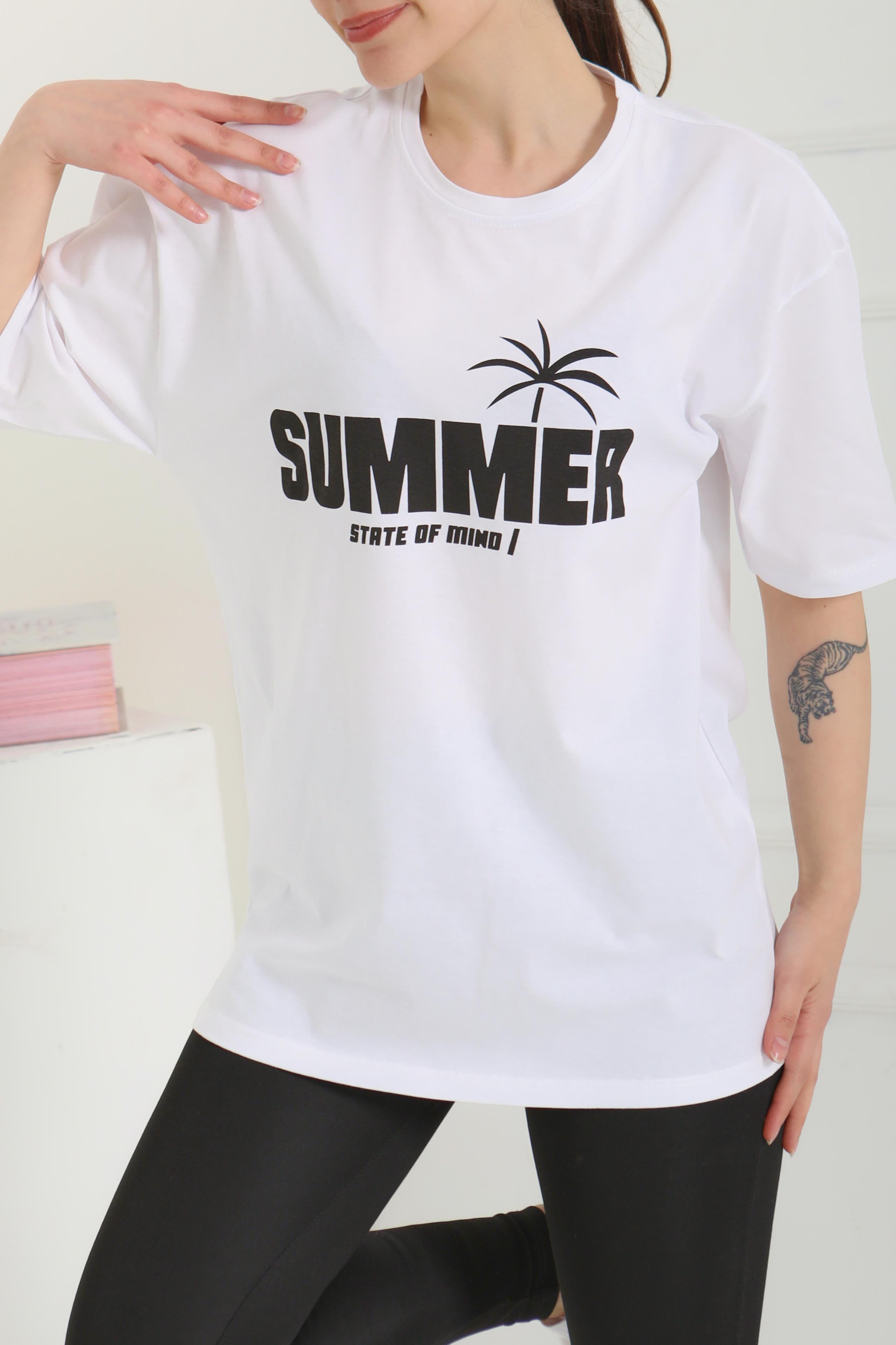 Baskılı Kısa Kollu T-Şhirt Beyaz - 27119 - 2