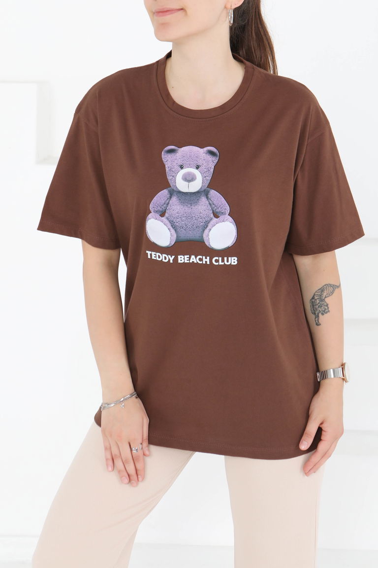 Baskılı Kısa Kollu T-Şhirt Kahve - 27347 - TOFİSA