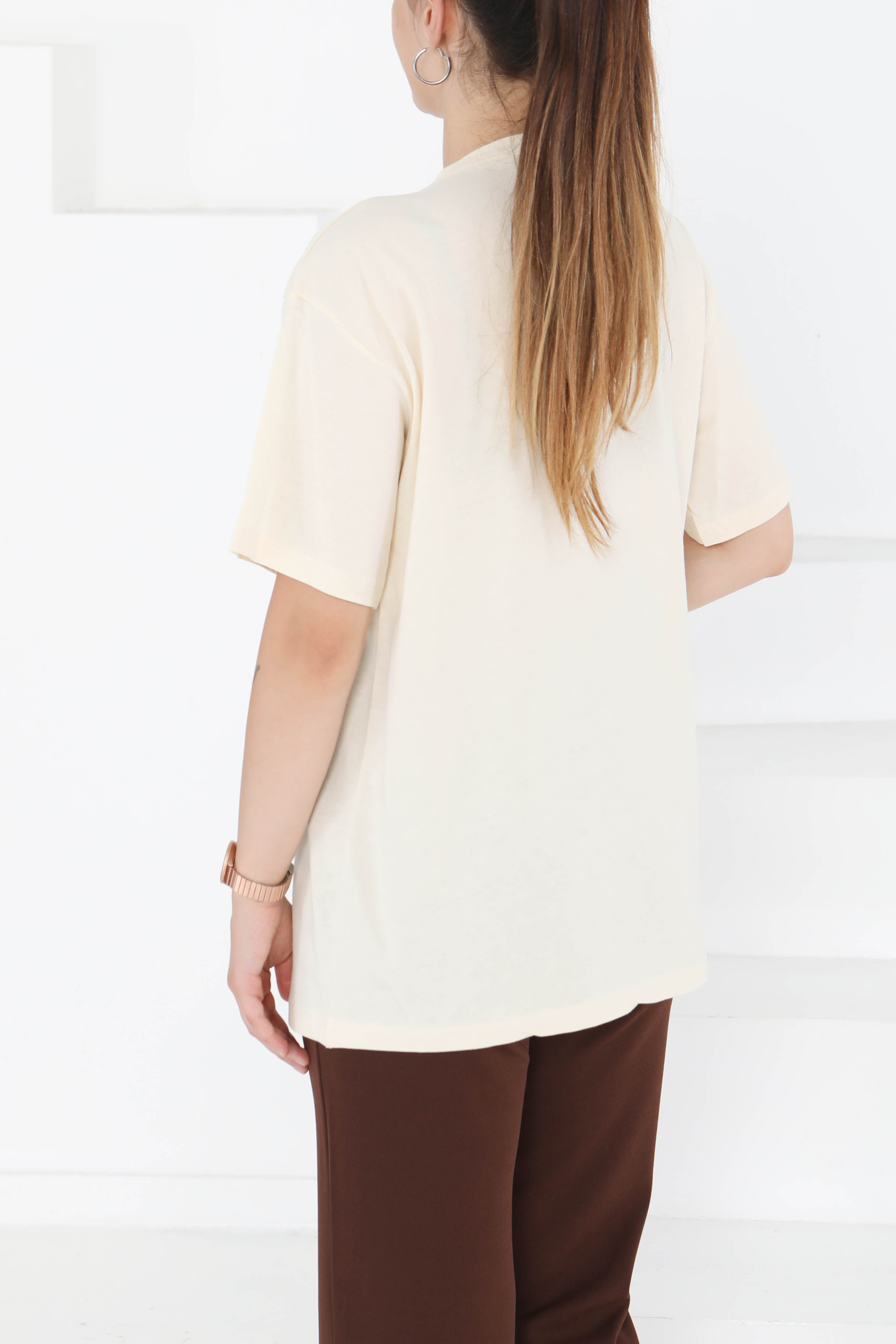 Baskılı Kısa Kollu T-Şhirt Krem - 27350 - 5
