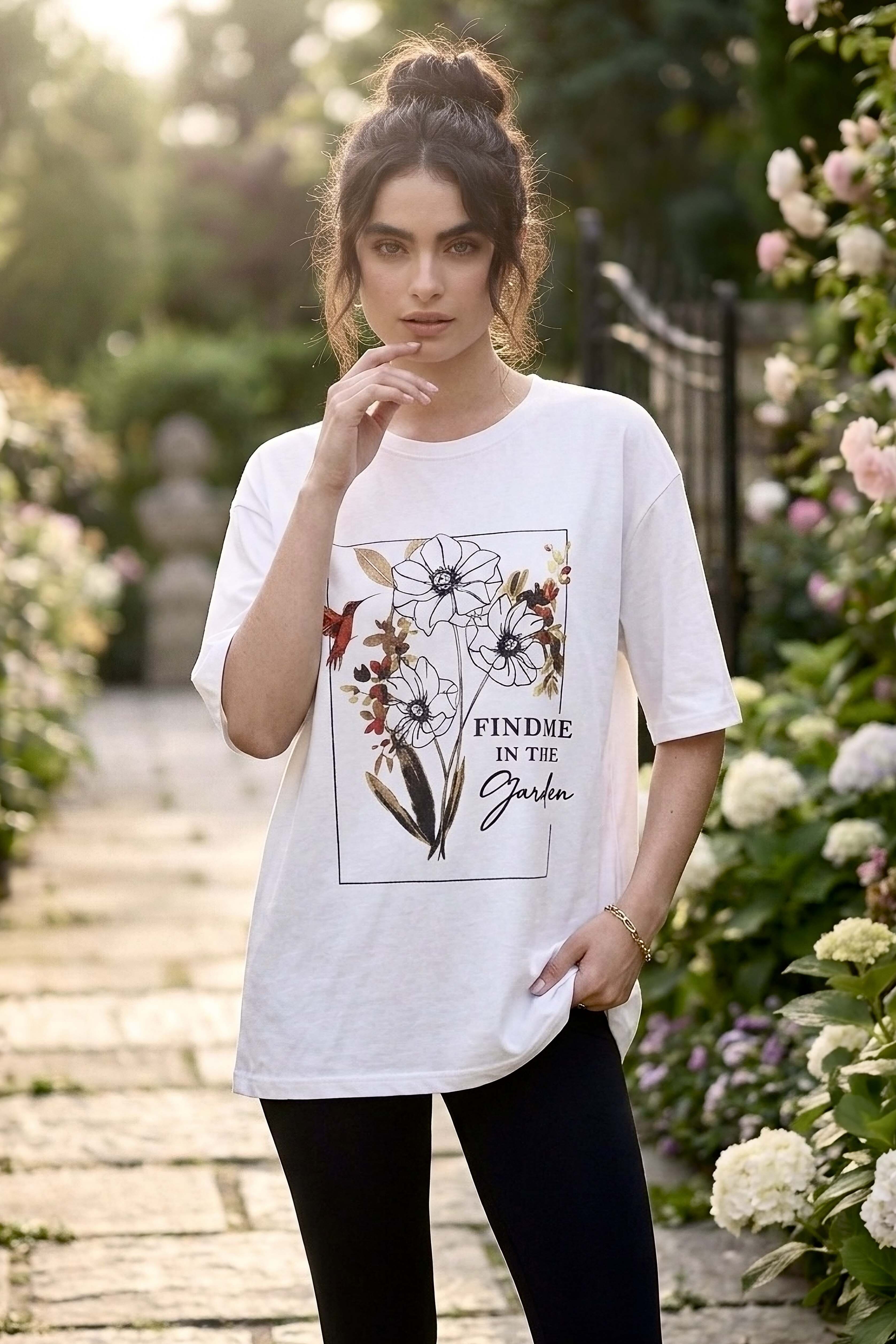 Baskılı Kısa Kollu Tunik - 1309-BEYAZ - 1