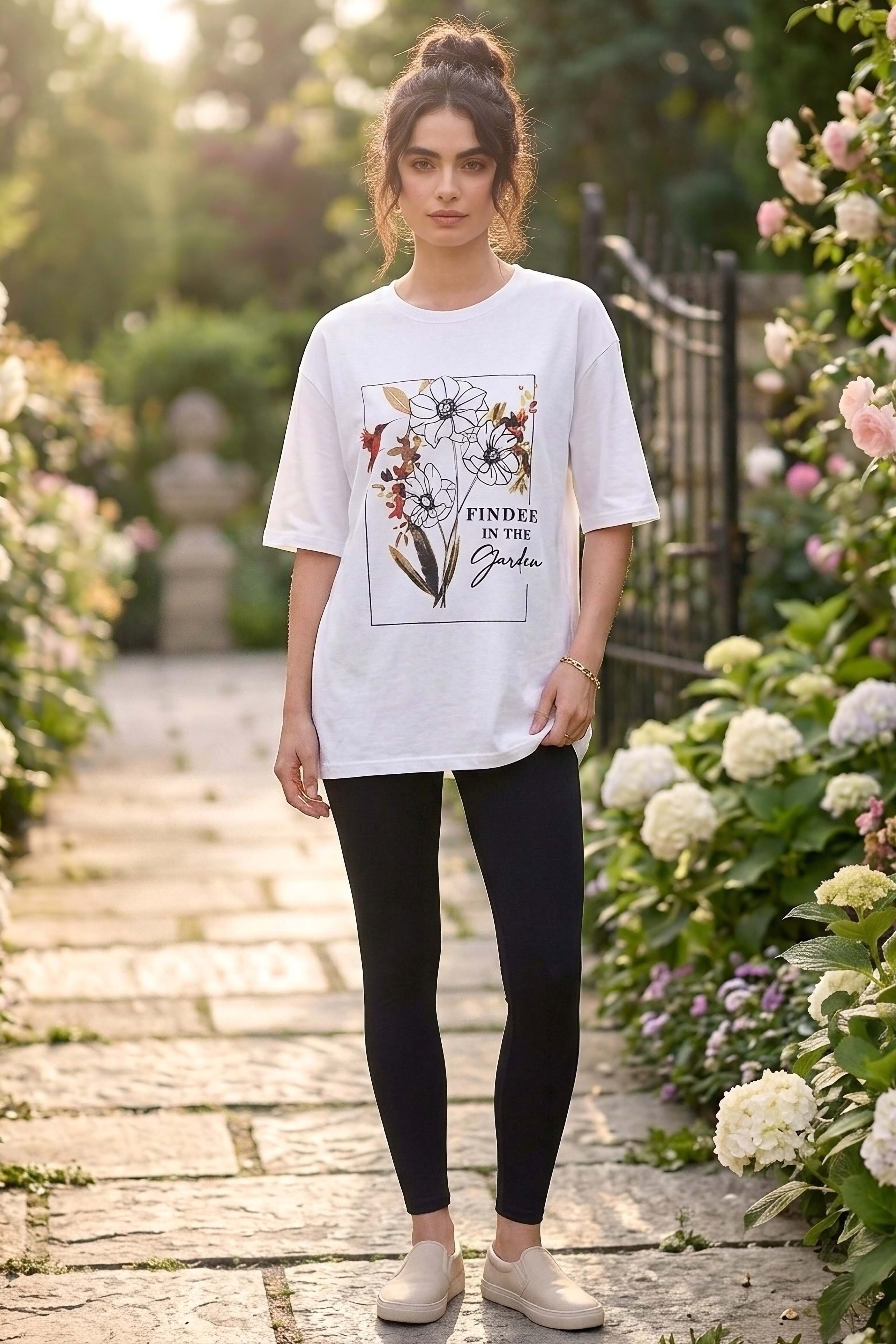 Baskılı Kısa Kollu Tunik - 1309-BEYAZ - 2