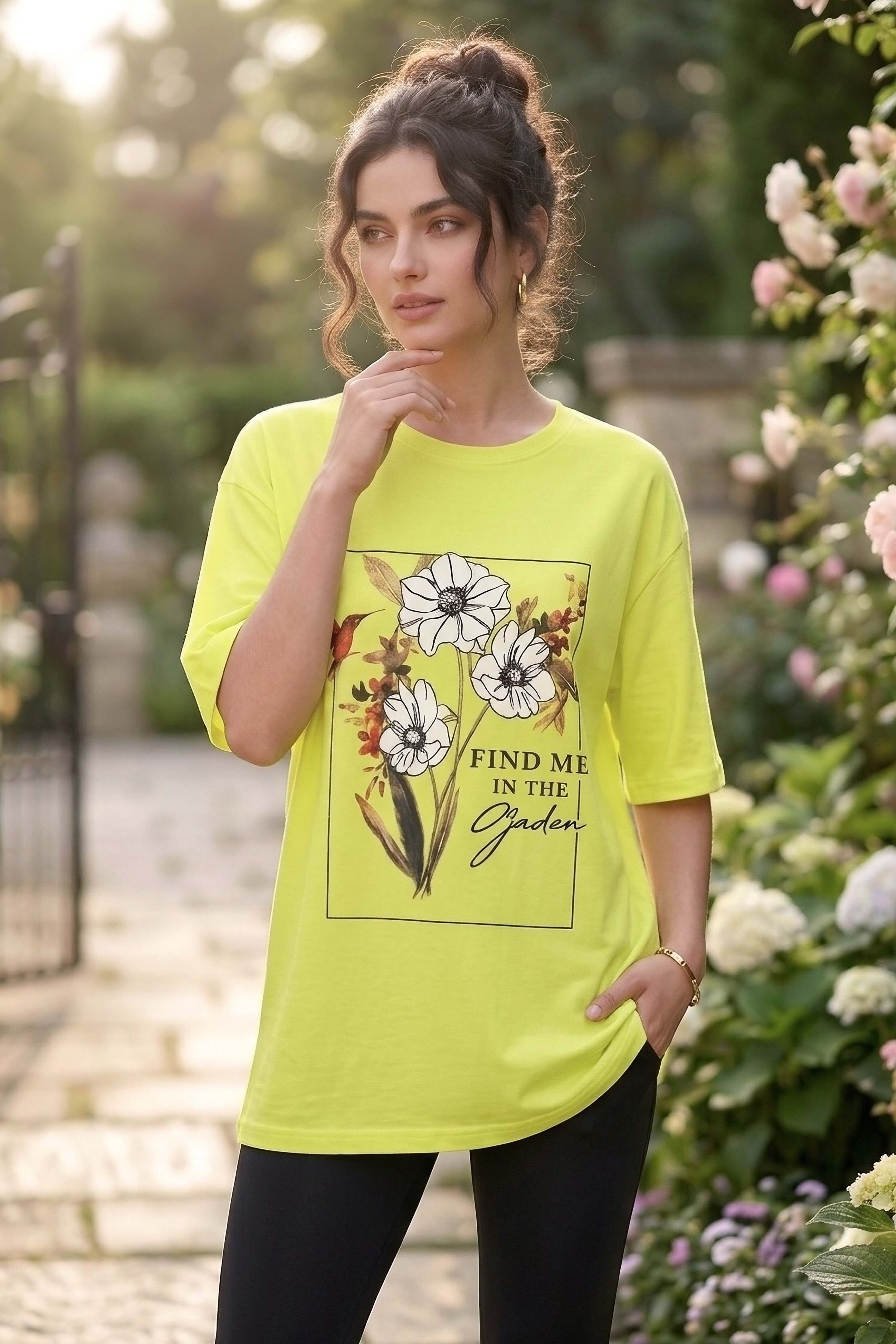 Baskılı Kısa Kollu Tunik - 1309-SARI - 1