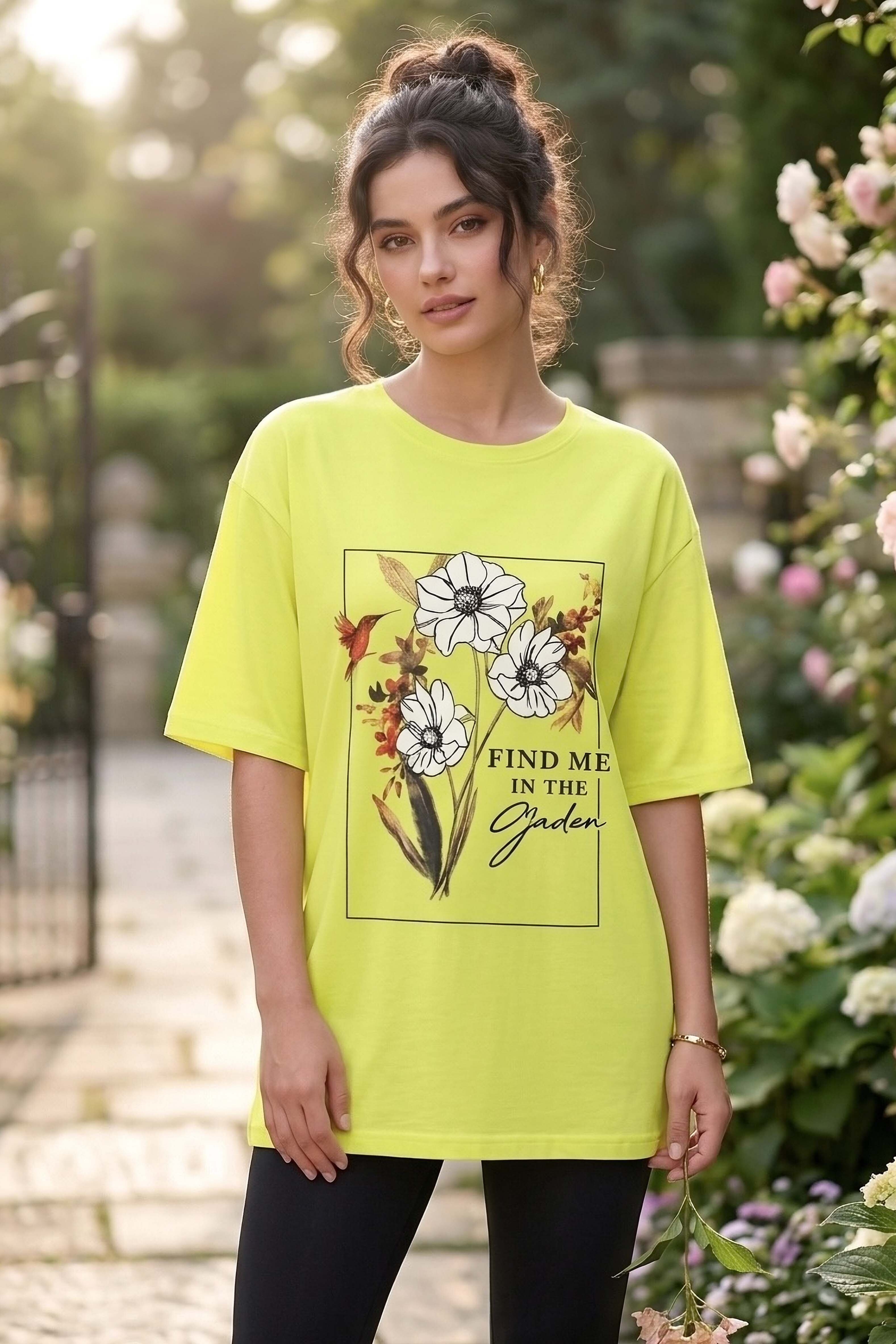 Baskılı Kısa Kollu Tunik - 1309-SARI - 2